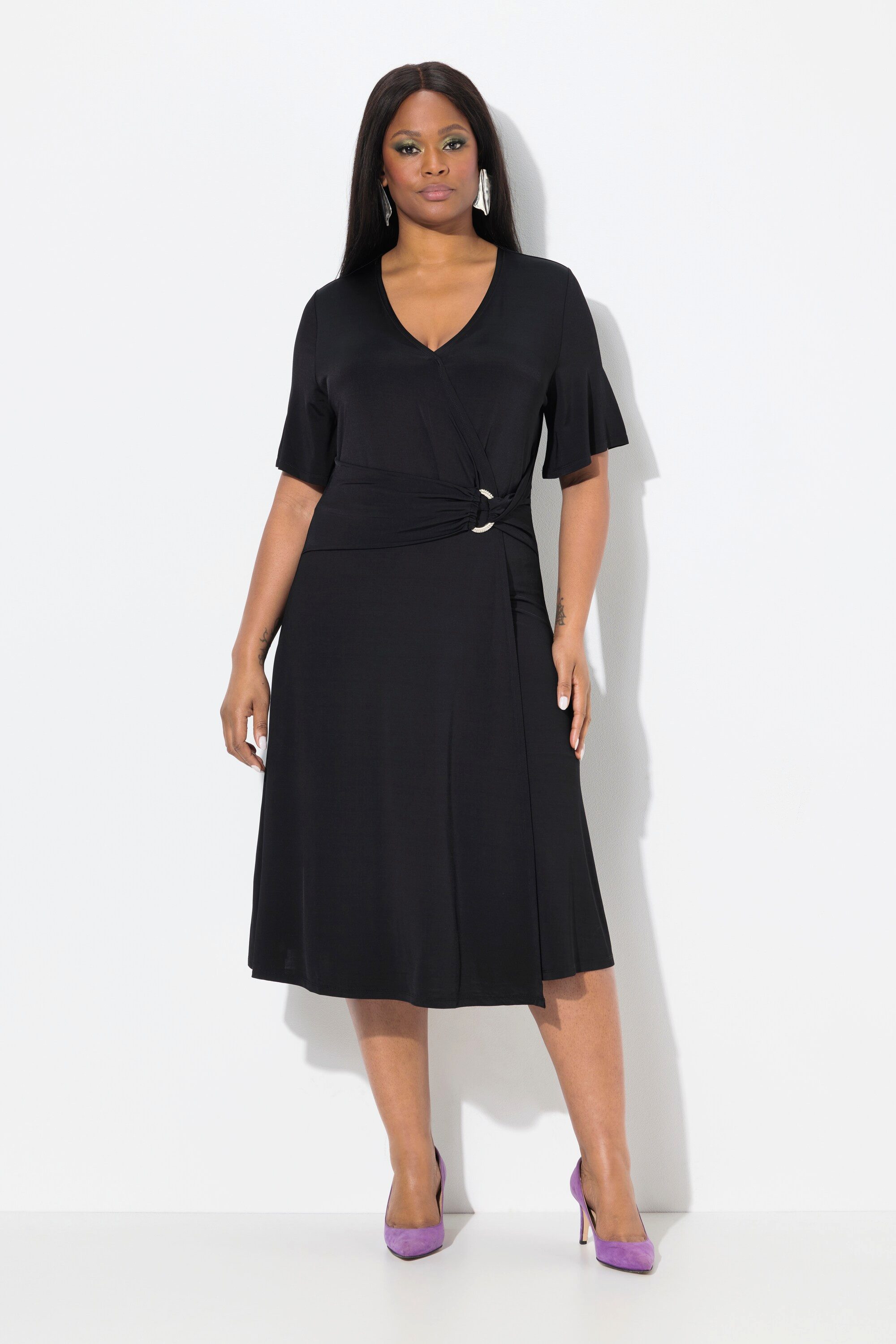 Ulla Popken Midikleid Slinkykleid Drapierung V-Ausschnitt günstig online kaufen