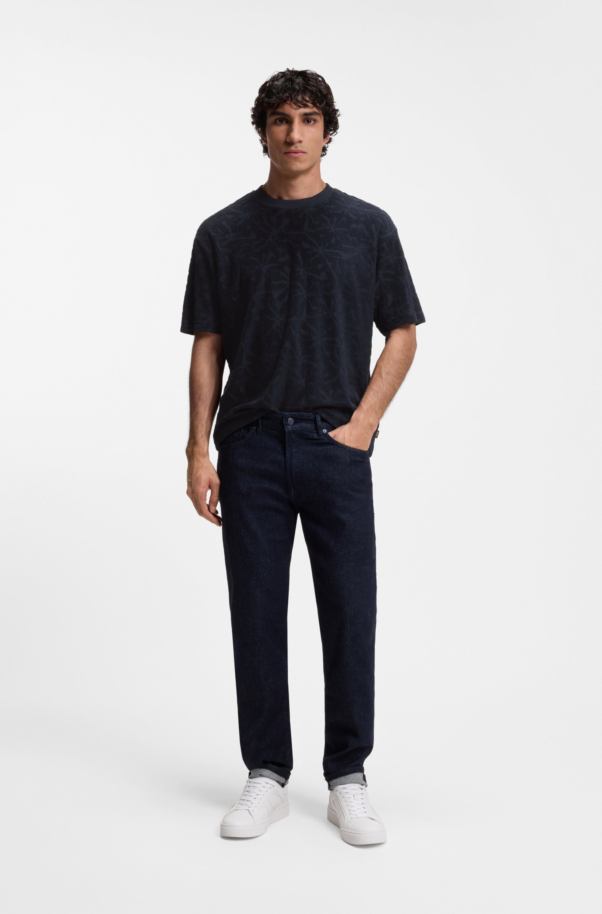 BOSS ORANGE T-Shirt florales Jacquardmuster, Baumwollfrottee, Relaxed Fit