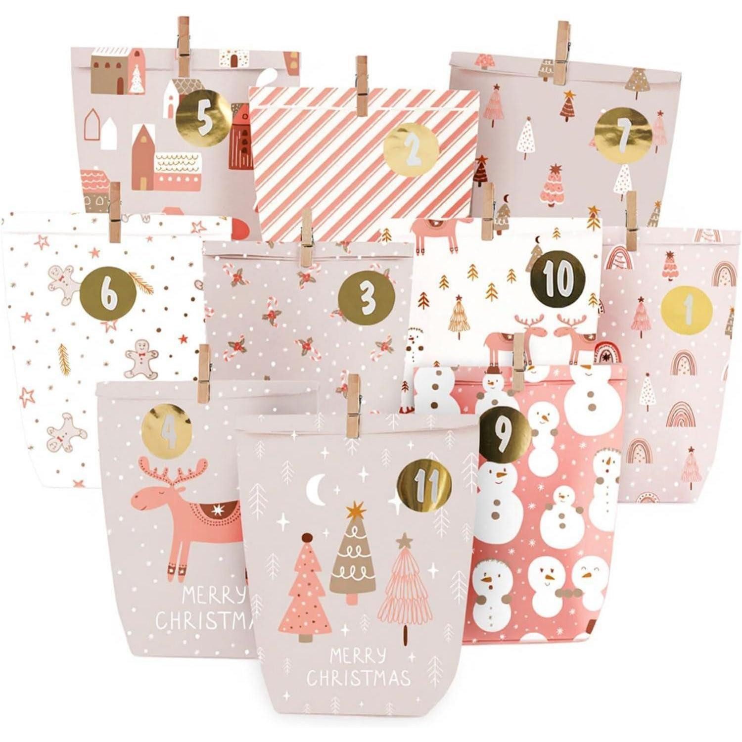 LuxusKollektion befüllbarer Adventskalender Adventskalender Adventstüten 24 Bedruckt Zahlenaufkleber Rosa