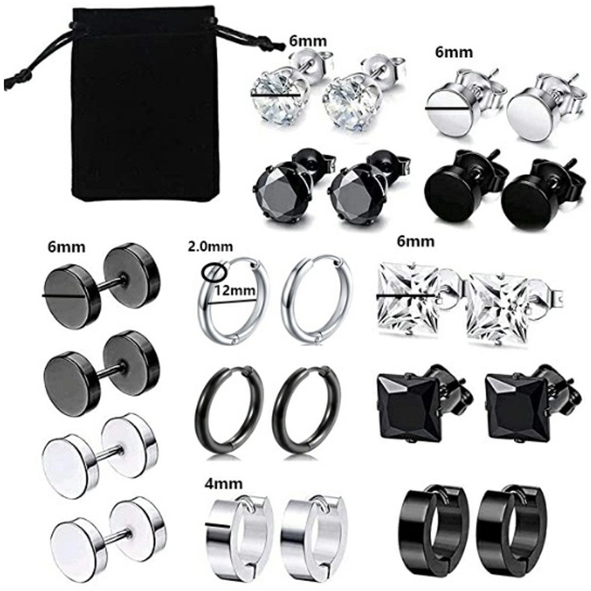 HoyoLee Ohrstecker-Set 12 Paar Herren Ohrringe Schwarz, Edelstahl Ohrstecker hypoallergen (12-tlg)