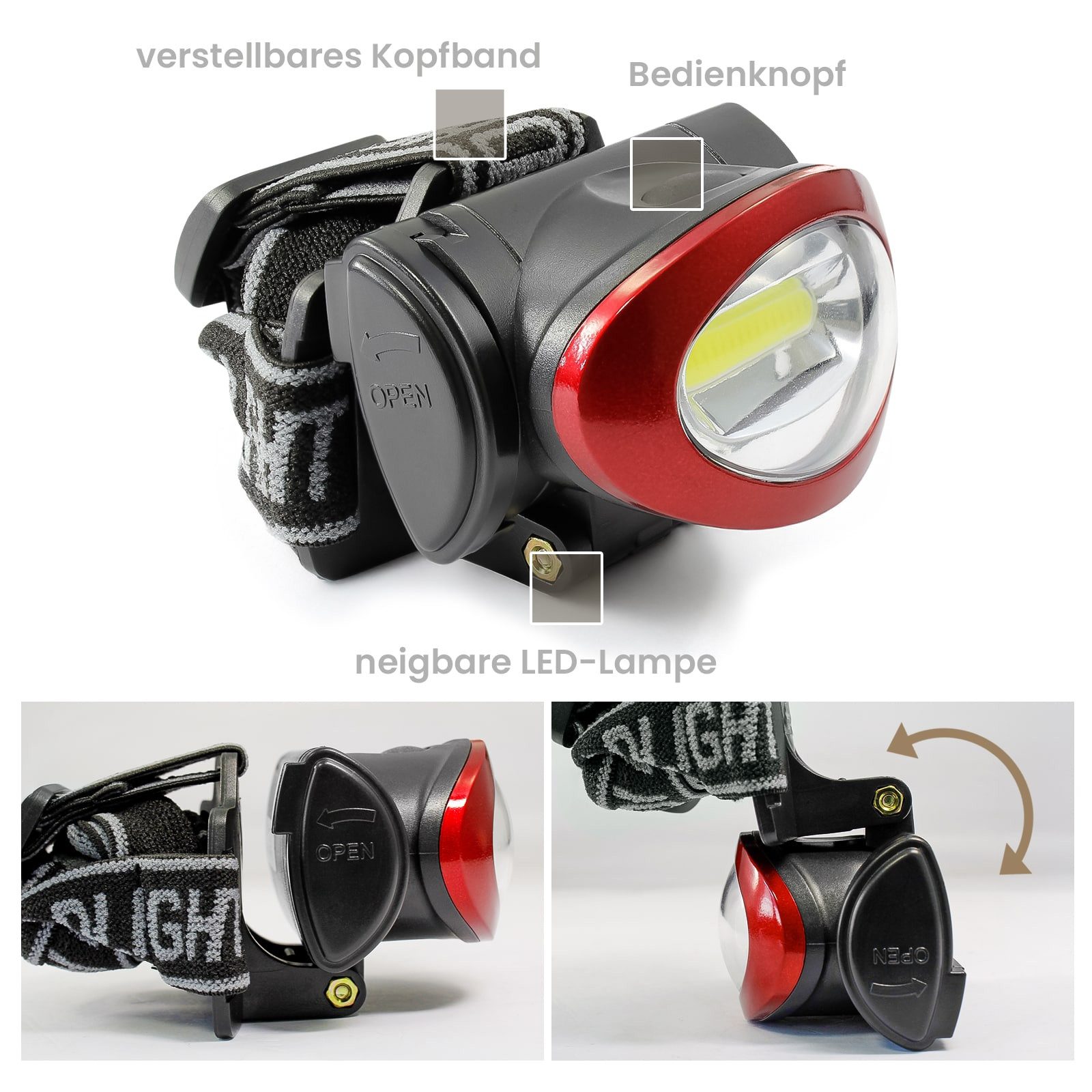 EAXUS LED Stirnlampe Kopflampe Dimmbar, Neigbar und Größenverstellbar (1er/2er Set, 1-St), Kopfleuchte Spritzwassergeschützt, flexibles Kopfband