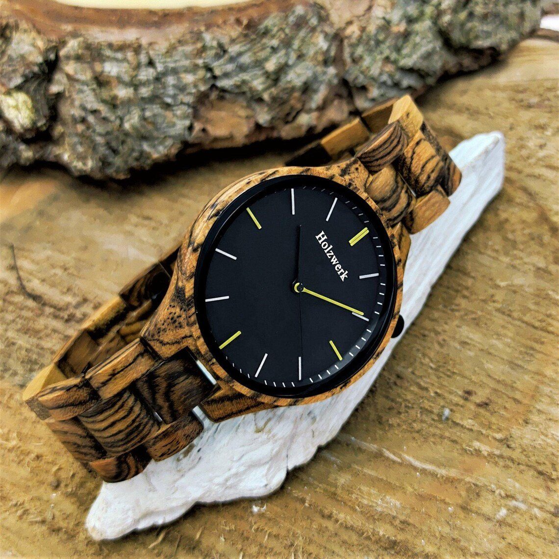 Holzwerk Quarzuhr HELDBURG Damen & Herren Holz Armband Uhr, braun, schwarz, gelb