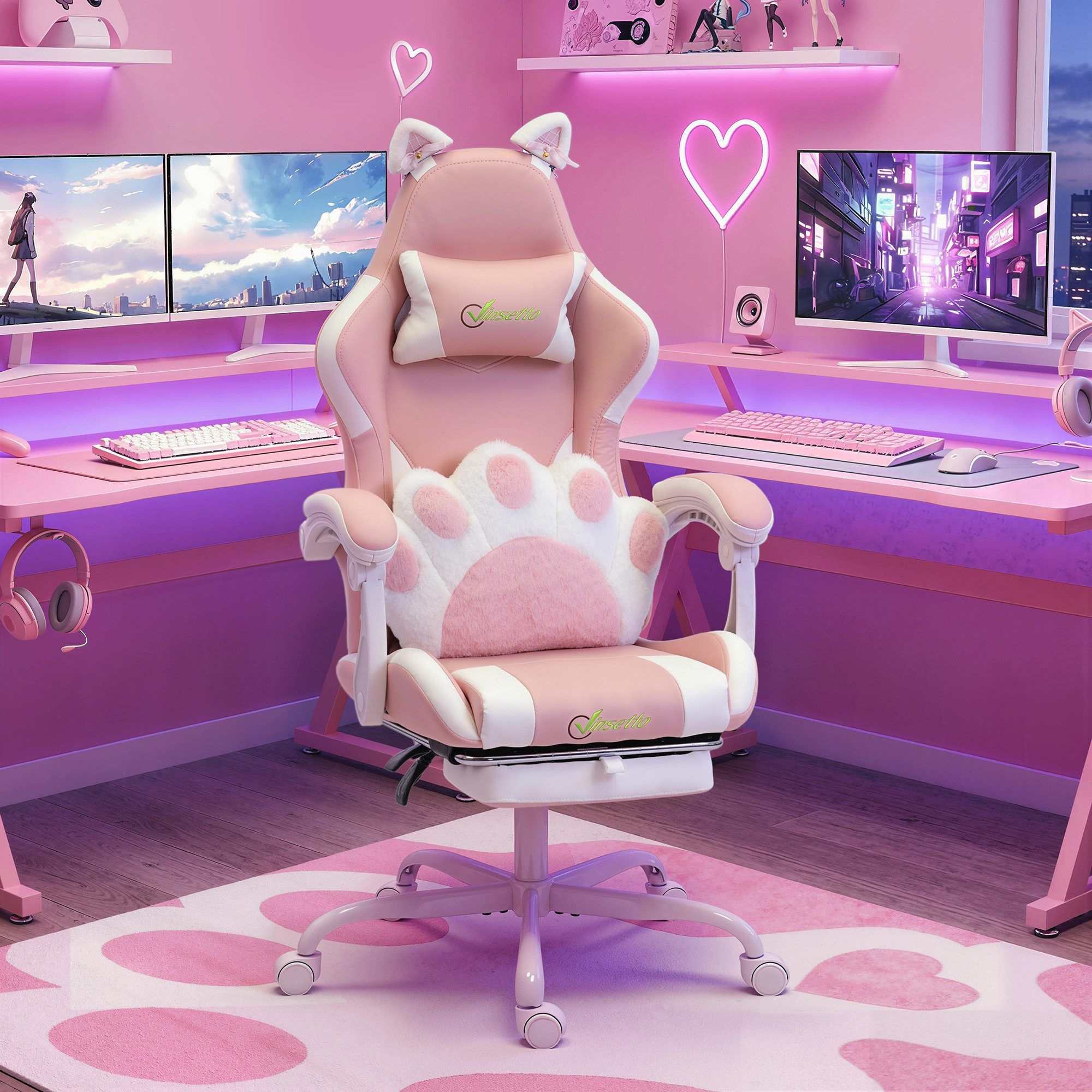 Vinsetto Gaming-Stuhl Bürostuhl ergonomisch mit Kopfstütze, höhenverstellbar, Rosa (Computerstuhl, 1 St), Katzenohren, Lendenkissen mit Katzenpfoten, Fußstütze