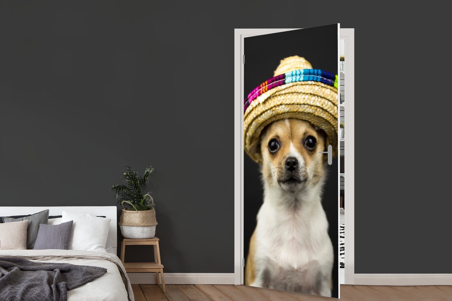(1 St), Schwarz, Tür, - für Fototapete Türaufkleber, cm Türtapete Sombrero Hund bedruckt, MuchoWow 75x205 Matt, -
