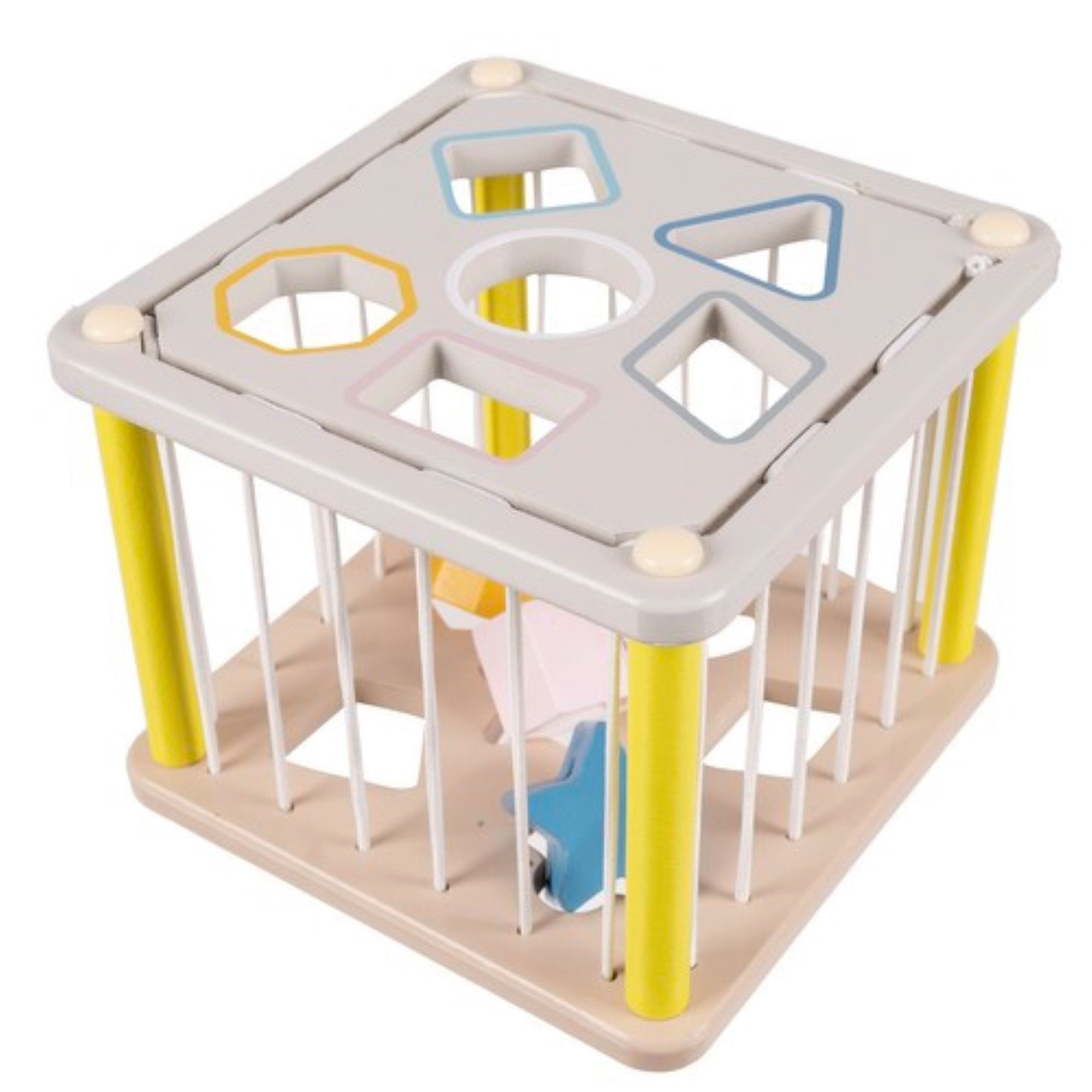 KRUZZEL Motorikwürfel Flexibler Formsortierer für Kinder – Pädagogisches Holzspielzeug, (Flexibler Formsortierer mit Einfädler und 12 Holzformen, pastellfarben), Flexible Gummiwände, 12 bunte Formen, fördert Motorik und Lernen