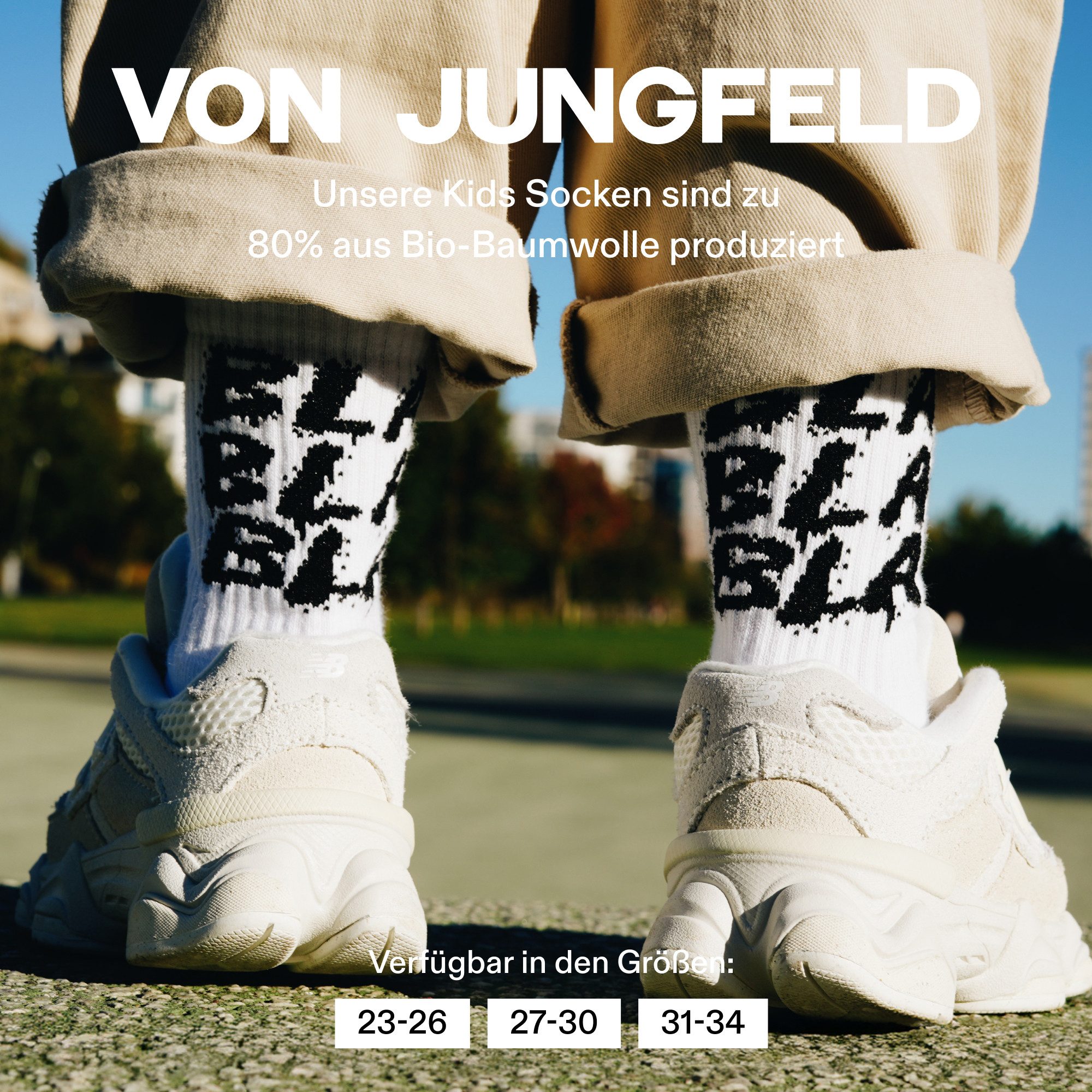 von Jungfeld Tennissocken Kinder BlaBlaBla Tennis Socken Baumwoll-Mischung (2-Paar, 2er-Pack) Stylische Mini-Me Tennis-Socken für Kinder aus Bio-Baumwolle