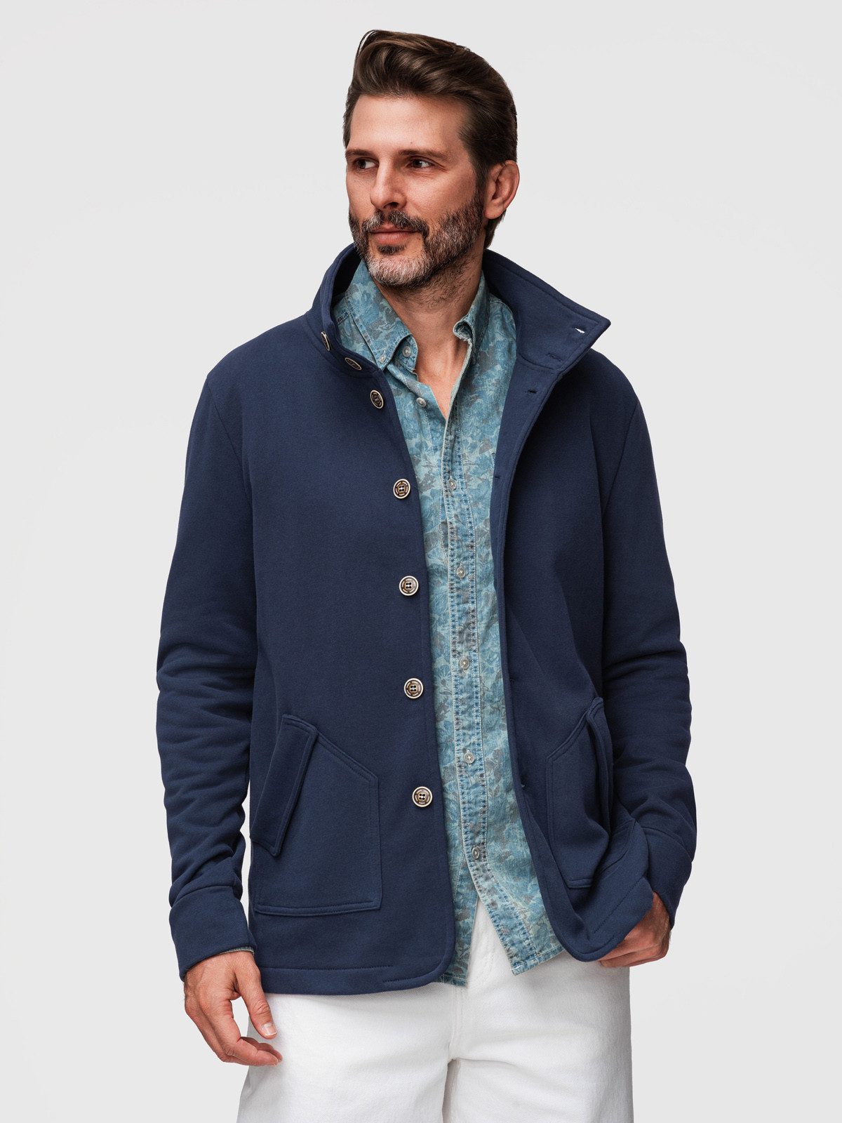 Sweatjacke Herren-Sweatshirt mit Knopfleiste und Stehkragen