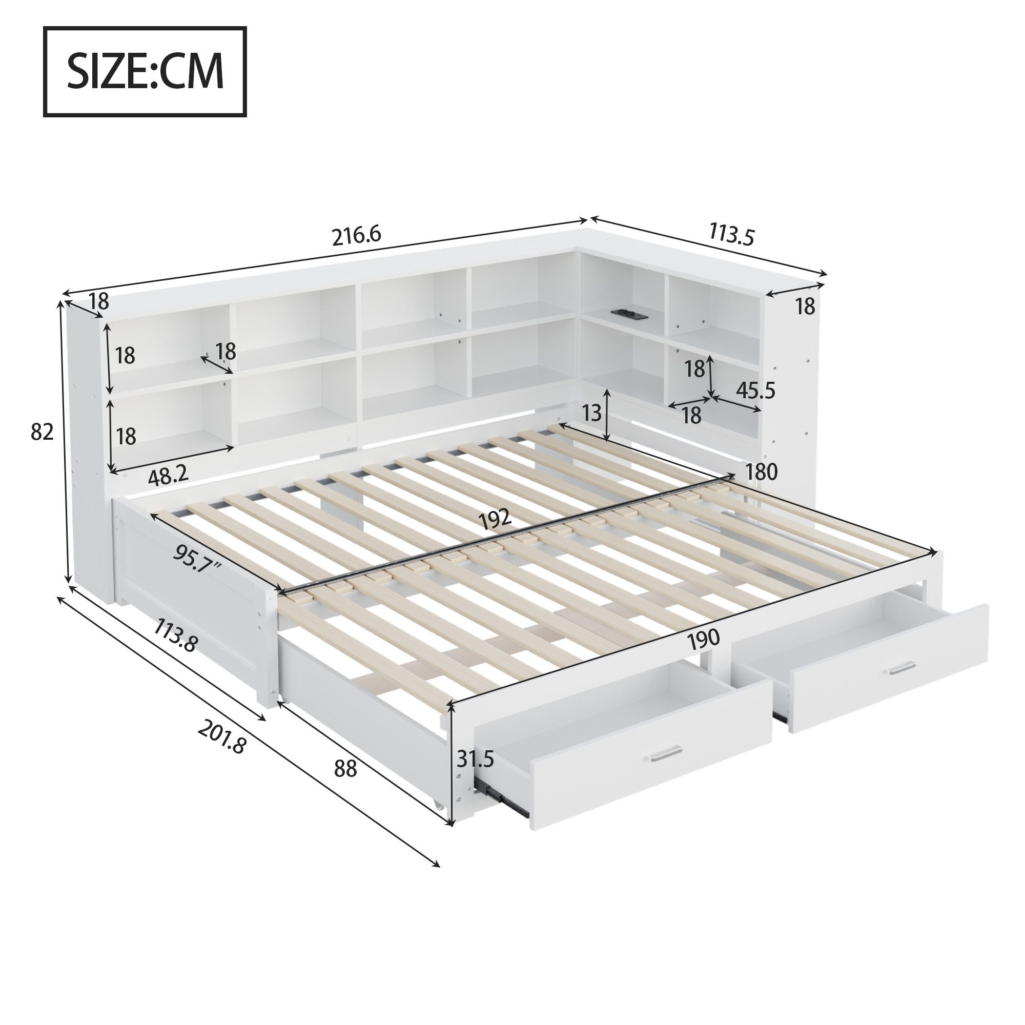 Merax Daybett 90/180x190cm mit USB-Steckdose (1 tlg), Ausziehbares Schlafsofa Kinderbett mit Ablagefächern und 2 Schubladen – Bild 5 von 5
