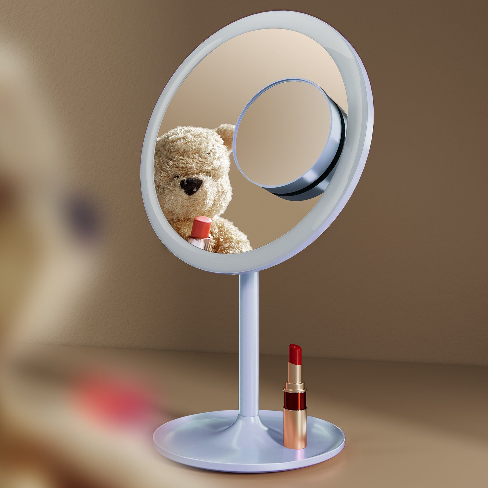 EMKE Kosmetikspiegel Macaron mit für Schminken Dimmbar, Hellblau Tischspiegel Schminkspiegel 3X,90°Drehbar,USB 1X 3 LED Lichtfarben Aufladbarer / Beleuchtung