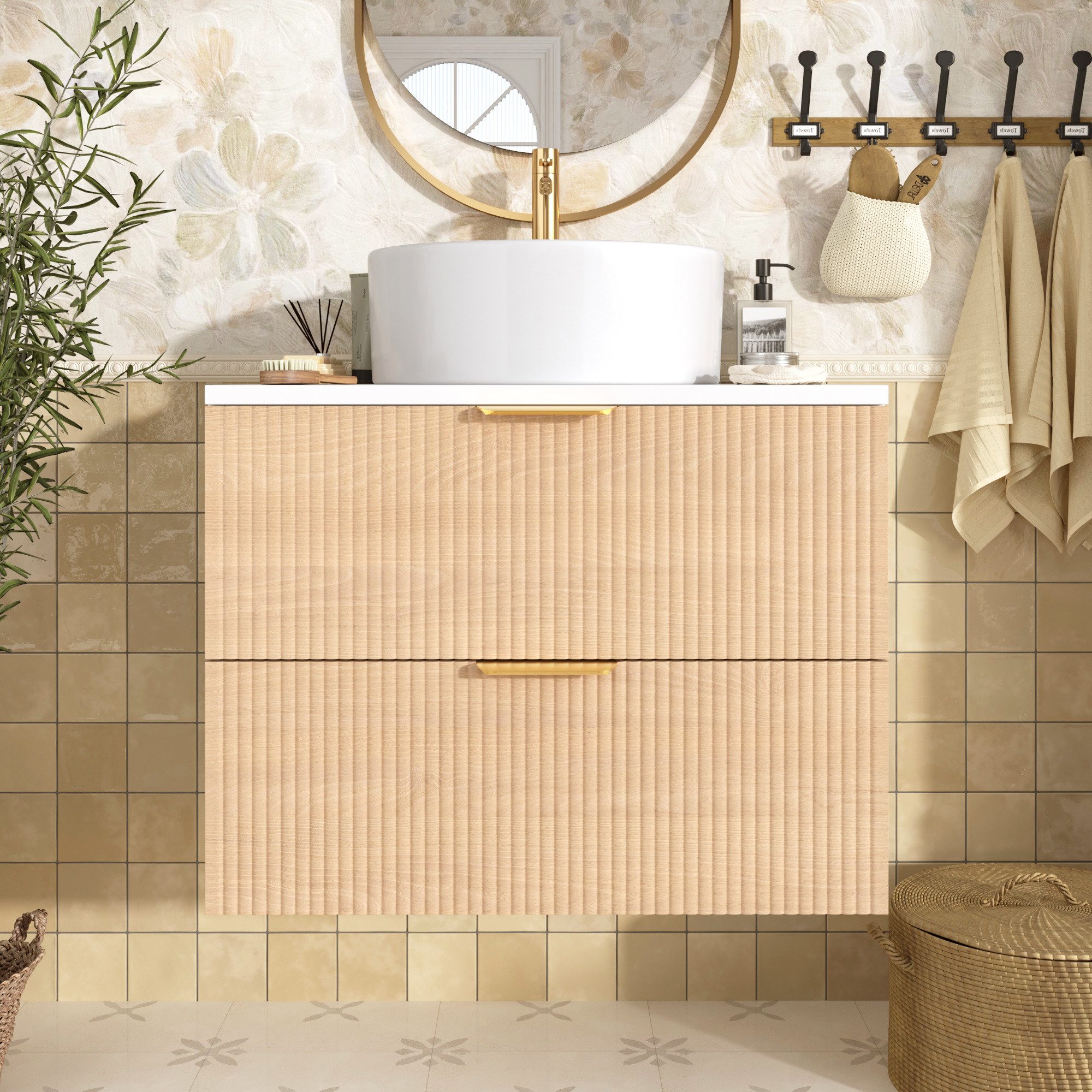 Flieks Waschtisch Badzimmerschrank mit 2 Schubladen in Holzoptik & runder Waschbecken (B60/T45/H60 cm, 1-St., wandhängend), Waschbeckenunterschrank mit Aufsatzbecken Badmöbel-Set