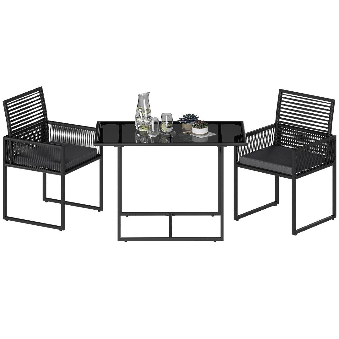 STEELSØN Gartenlounge-Set Kynaris 3-teilig mit 2 Stühlen und Tisch, (schwarz/anthrazit, platzsparend klappbar), Polyrattan Sitzgruppe, Tisch mit Glasplatte, mit Sitzpolstern