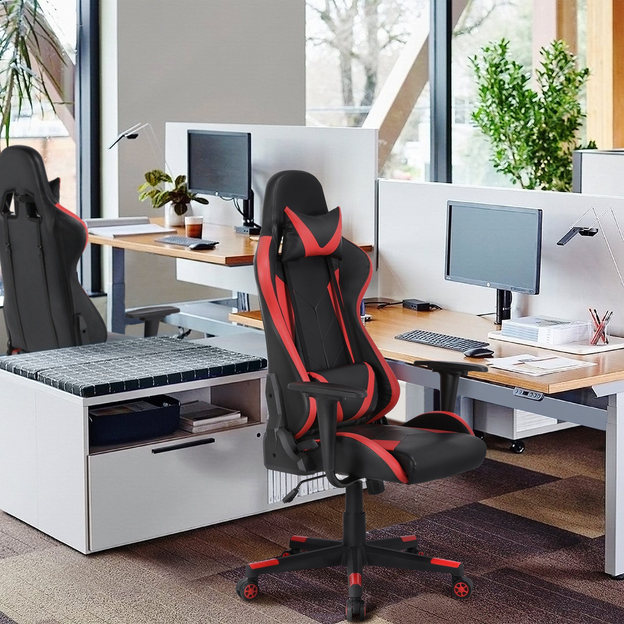 Schwarz mit und Gaming-Stuhl, / Design Rot Yaheetech Lendenkissen Ergonomisches Kopfstütze