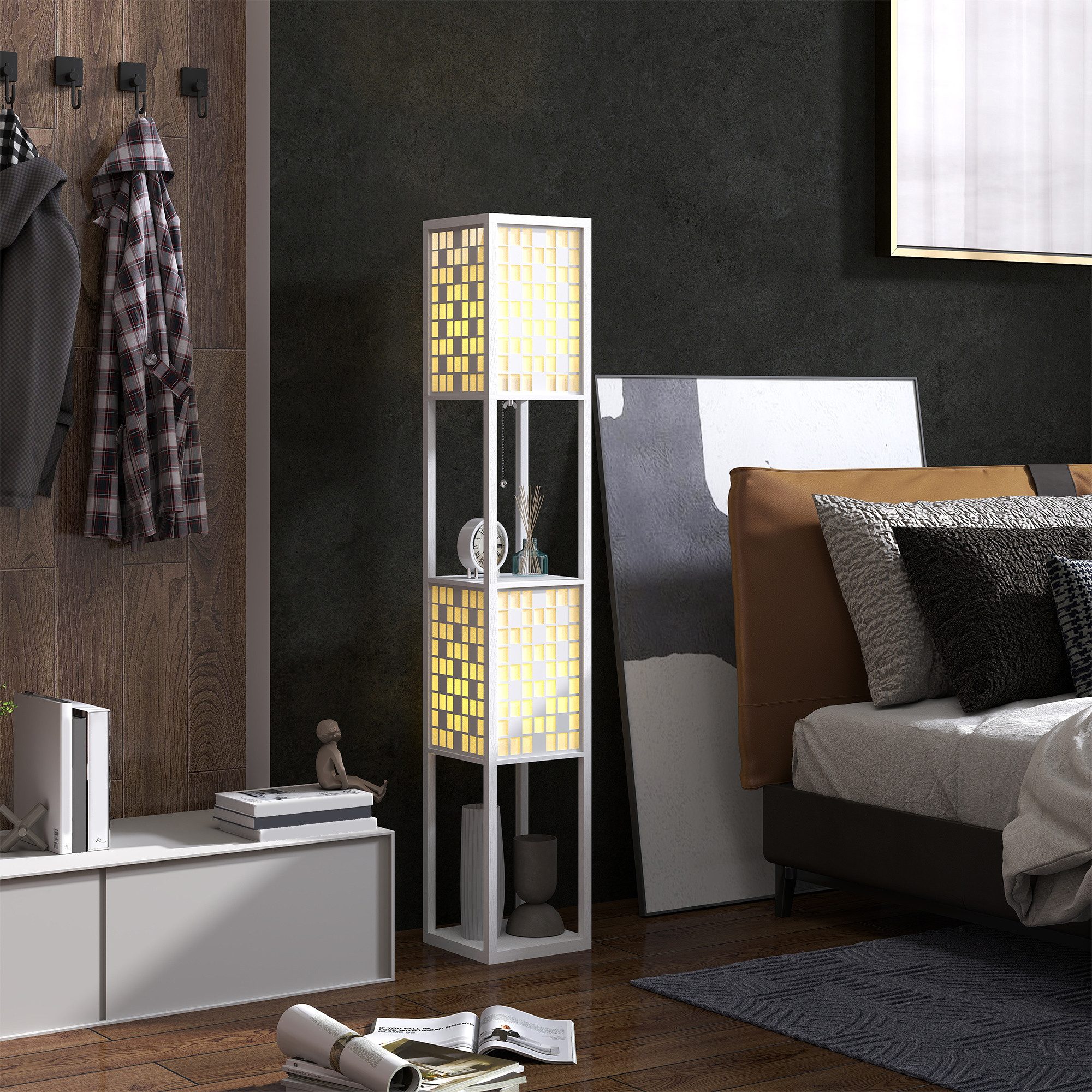 HOMCOM Stehlampe Stehleuchte mit 2 Fächern, Standlampe mit Fußschalter und Zugkette, ohne Leuchtmittel, für Wohnzimmer, Schlafzimmer, Weiß