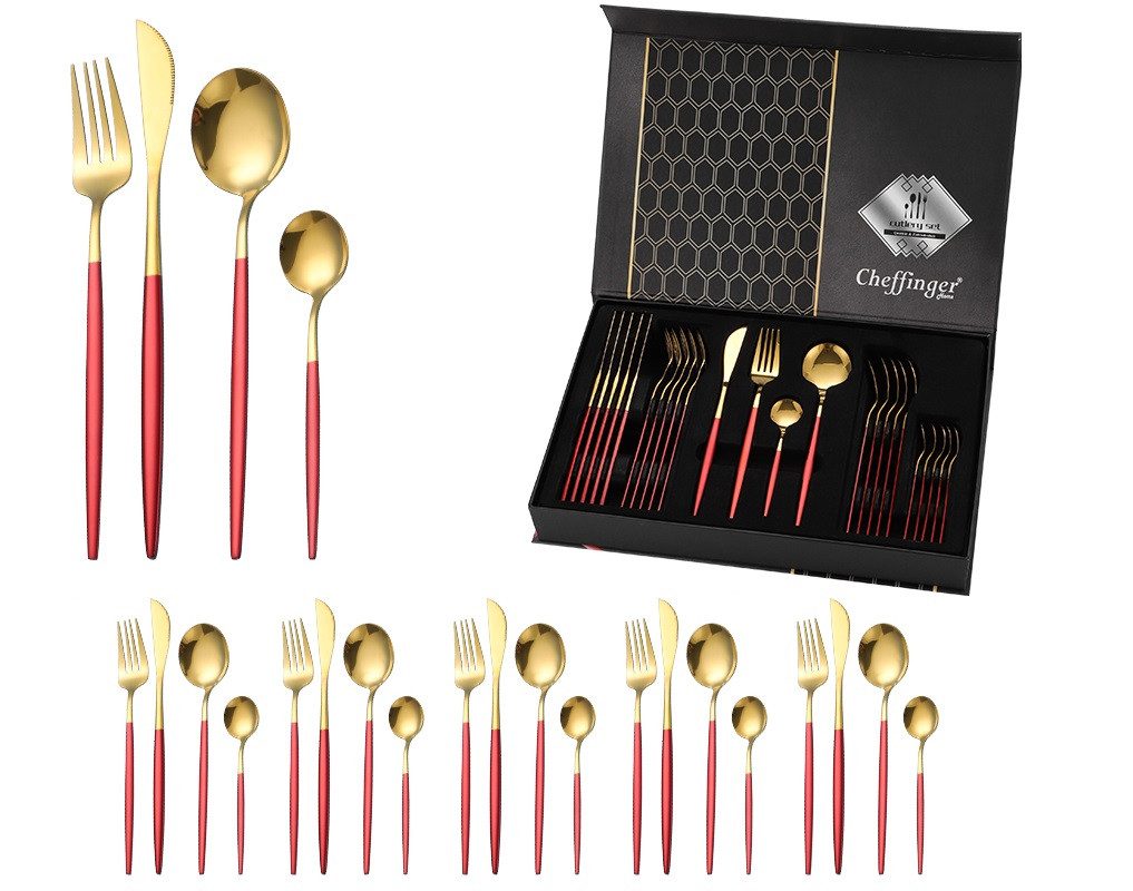 Rungassi Besteck-Set Premium Besteck-Set Rot/Gold 6 Personen 24-tlg Edelstahl Essbesteck, 6 Personen