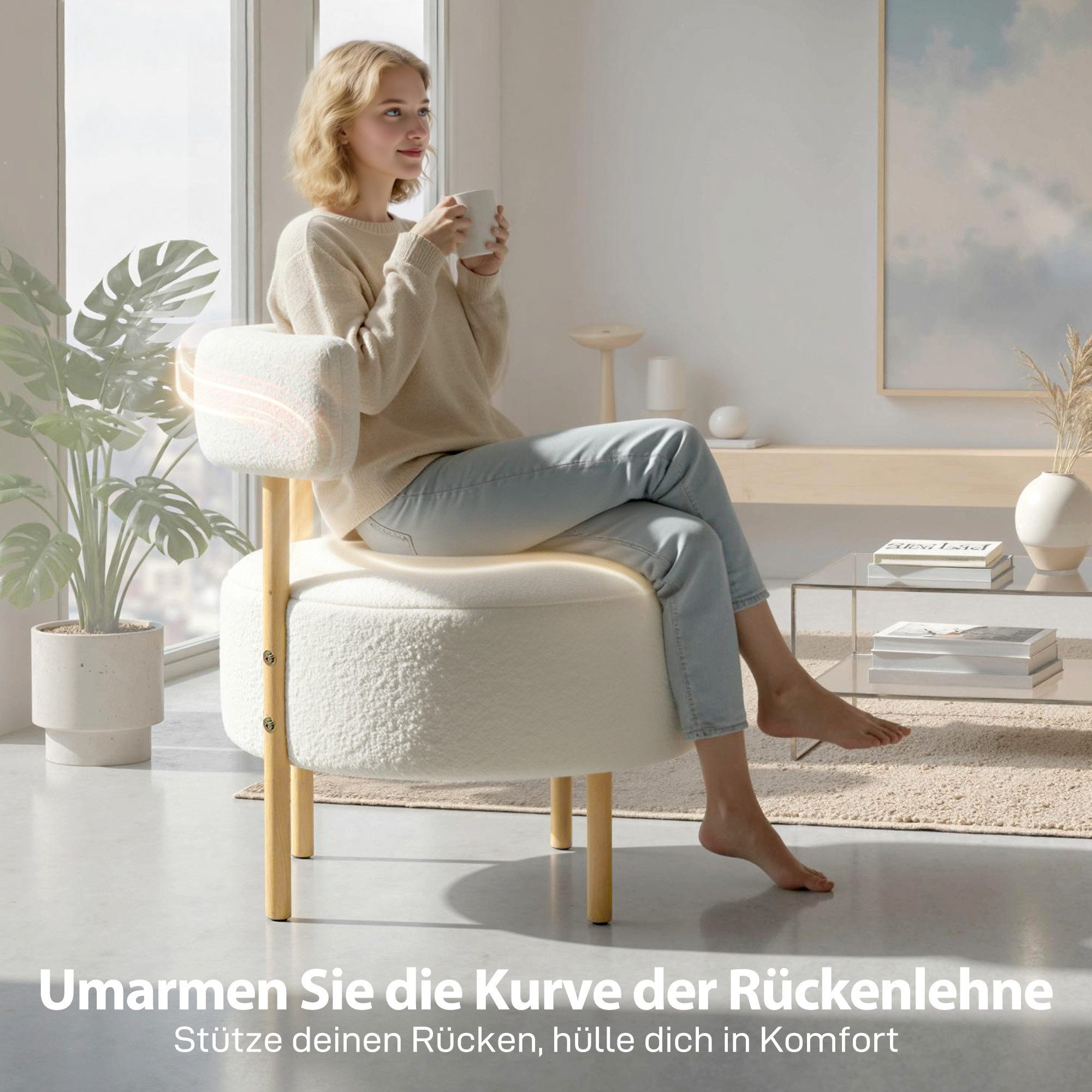 HOMCOM Sessel Loungesessel Lesesessel mit Sherpa-Fleece, Metallbeinen in Holzoptik (Relaxsessel, 1-St., Polstersessel), für Wohnzimmer, Schlafzimmer, Cremeweiß – Bild 5 von 5