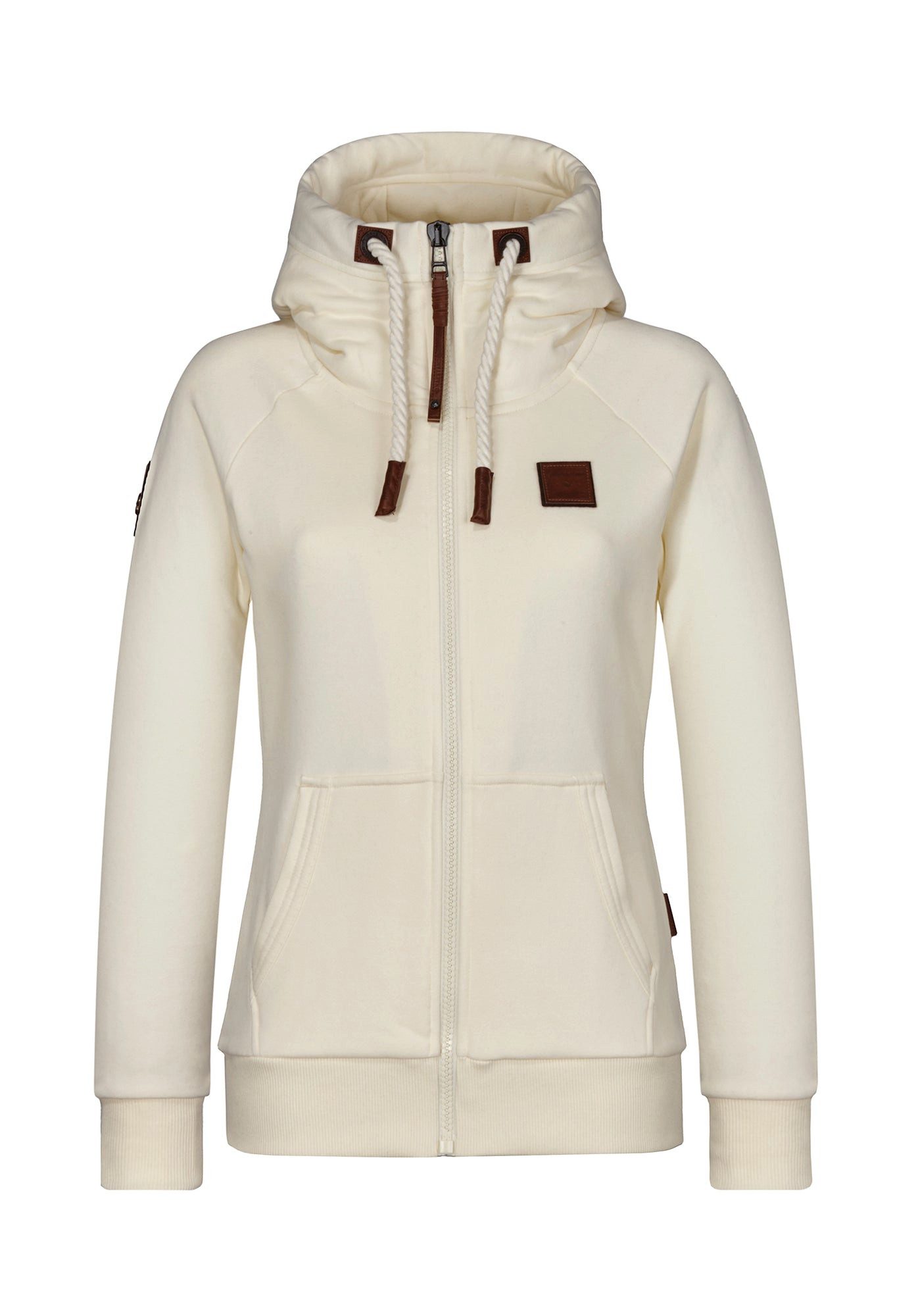 naketano Sweatjacke Damen mit Kapuze, Kängurutasche, tailliert, melierte Sweatware, Raglan Kordelzug, Rippbündchen, Kunstleder-Logo, casual, Streetwear, Langarm
