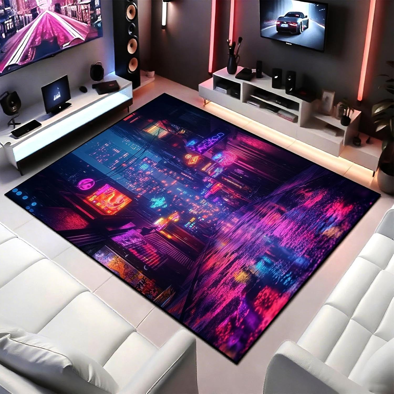 Jumpeak Teppich Cyberpunk Neon Stadt Teppich, tepichwohinzimer, teppich waschbar, Rechteckig, Höhe: 5 mm, Kunstkaschmir, pflegeleicht, kurze Fasern, angenehm zu tragen