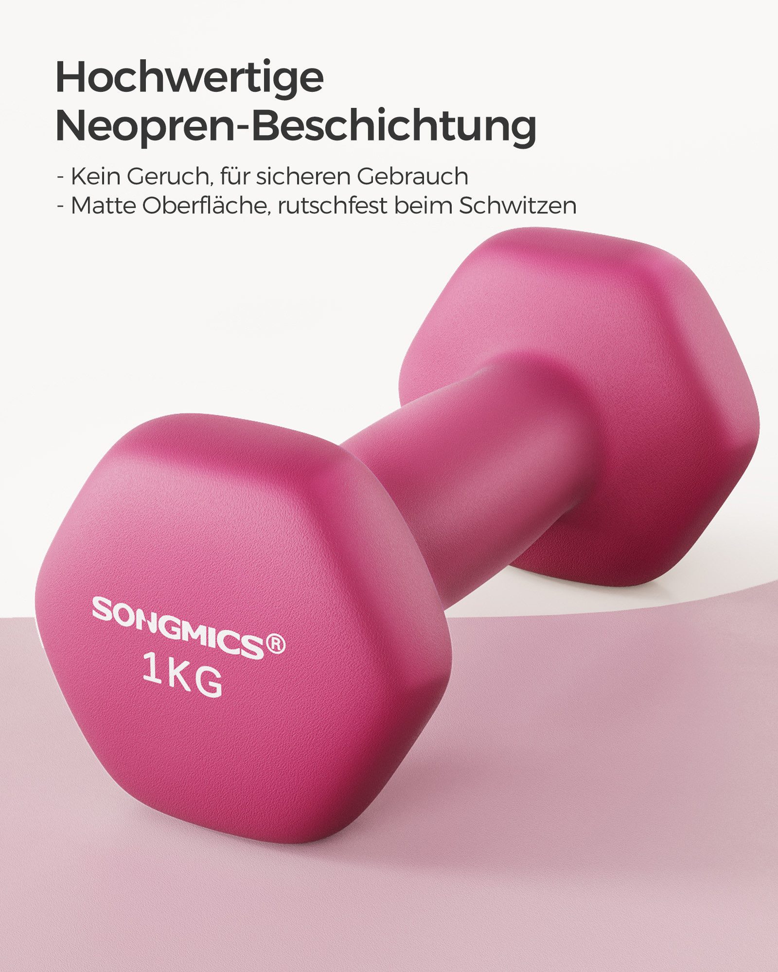 SONGMICS Kurzhantel Hanteln, 5 Gewichtsklasse, (2er Set Neopren-Beschichtung, Hantelset, Kurzhanteln, Hexagon), 2 x 1 kg, Krafttraining, Workout, Fitnesstraining, für Zuhause