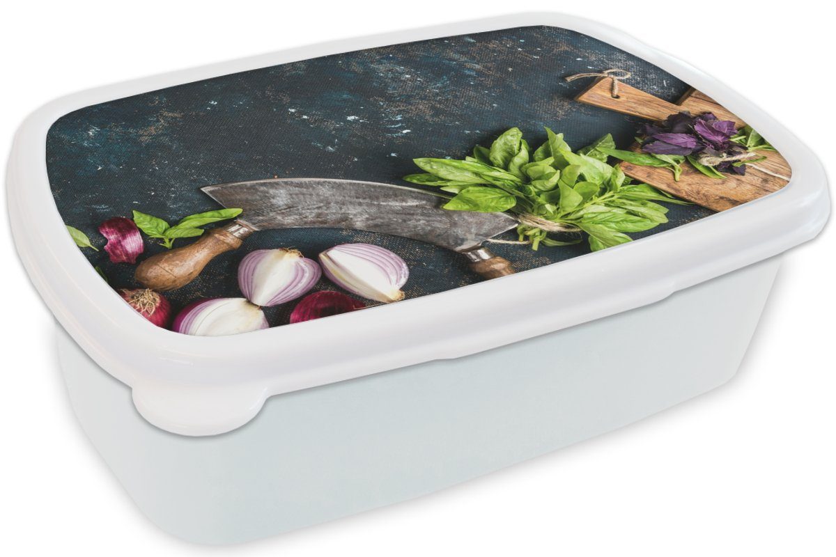 MuchoWow Lunchbox Gemüse - Kräuter - (2-tlg), Brotdose, weiß und für Brotbox - Mädchen - Kunststoff, für und Jungs Erwachsene, Zwiebel - Gewürze Kinder Rustikal, Wiegemesser