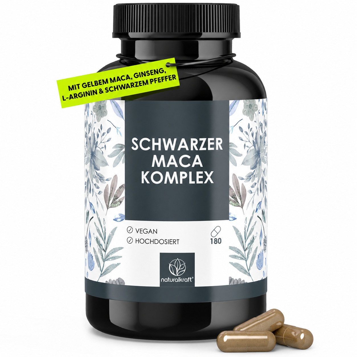 Naturalkraft Schwarzer Maca Komplex mit Ginseng – 180 vegane Kapseln, geprüft Kapseln, 108 g