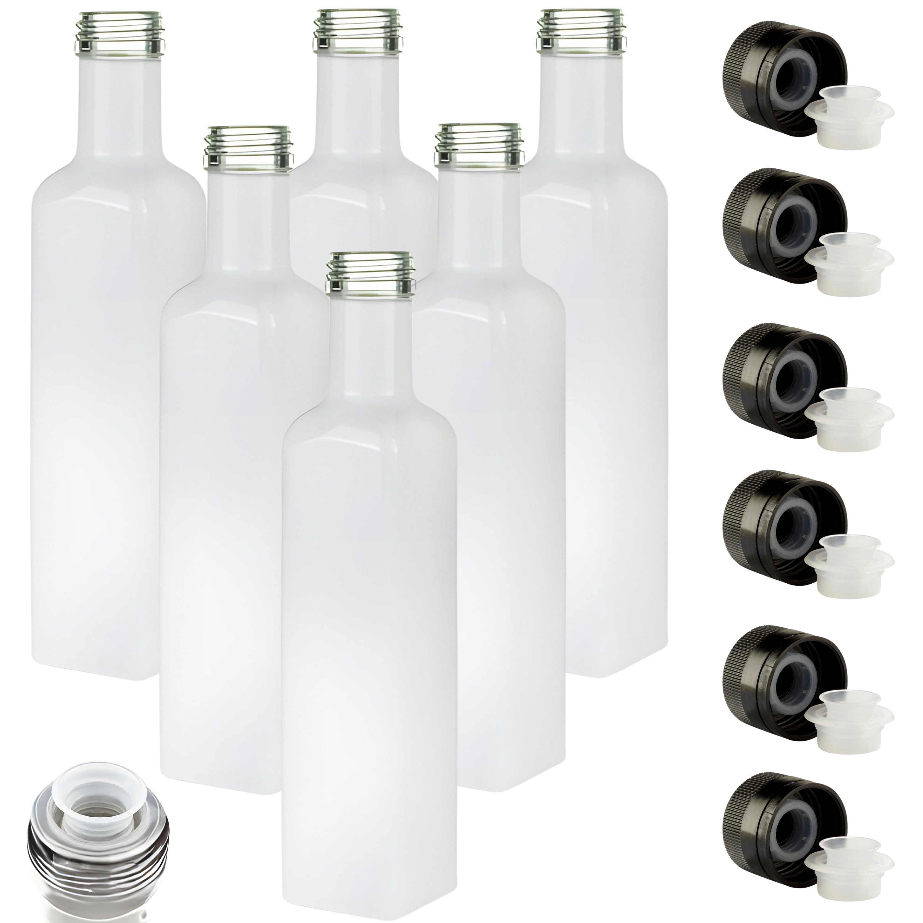 Ölspender 6 Ölflaschen 250 ml mit Ausgießer weiße Glasflasche & Etiketten