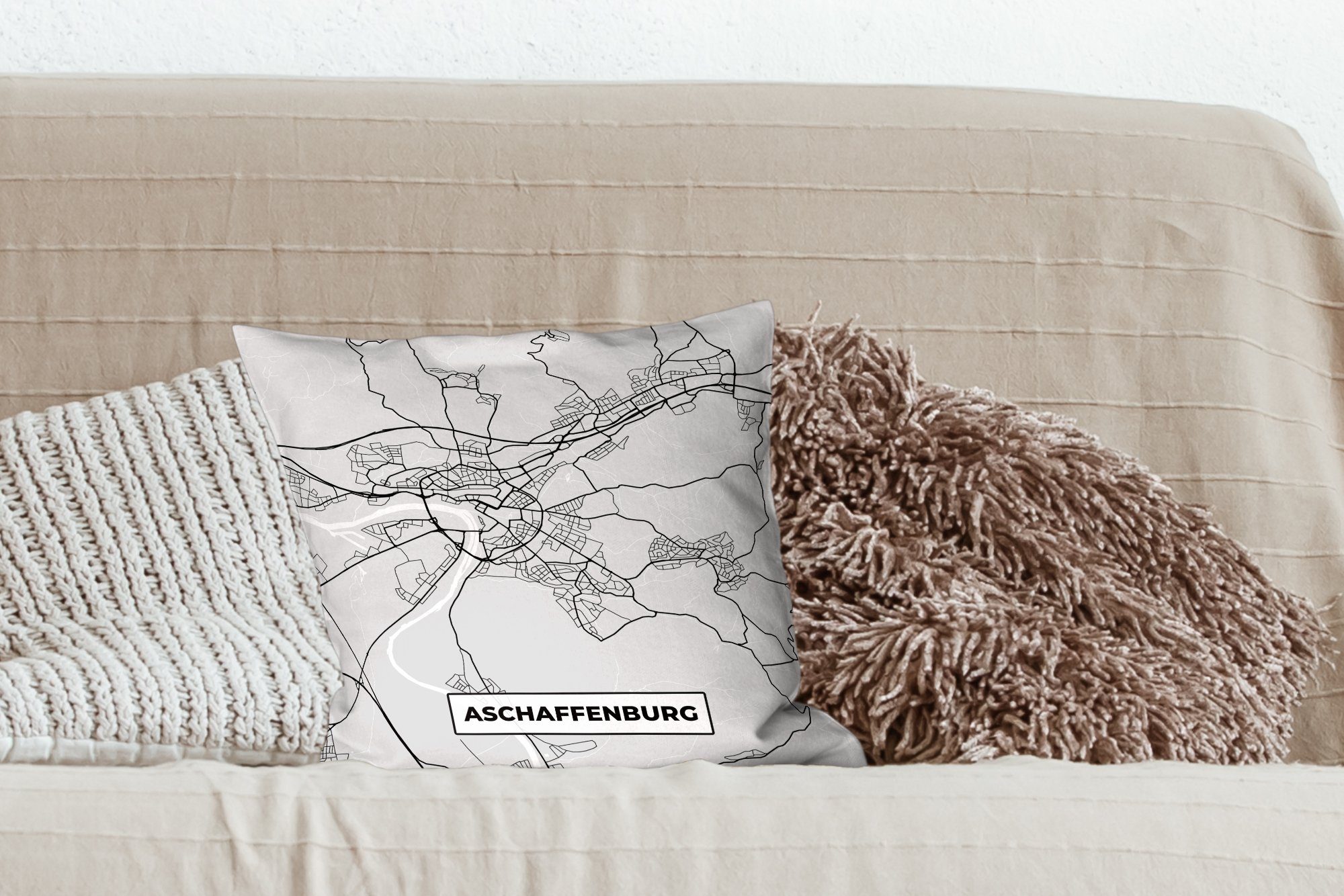 - Dekokissen Zierkissen Stadtplan Schlafzimmer, Deutschland Sofakissen Karte, Afschaffenburg - - Deko, für Wohzimmer, mit Karte - MuchoWow Füllung