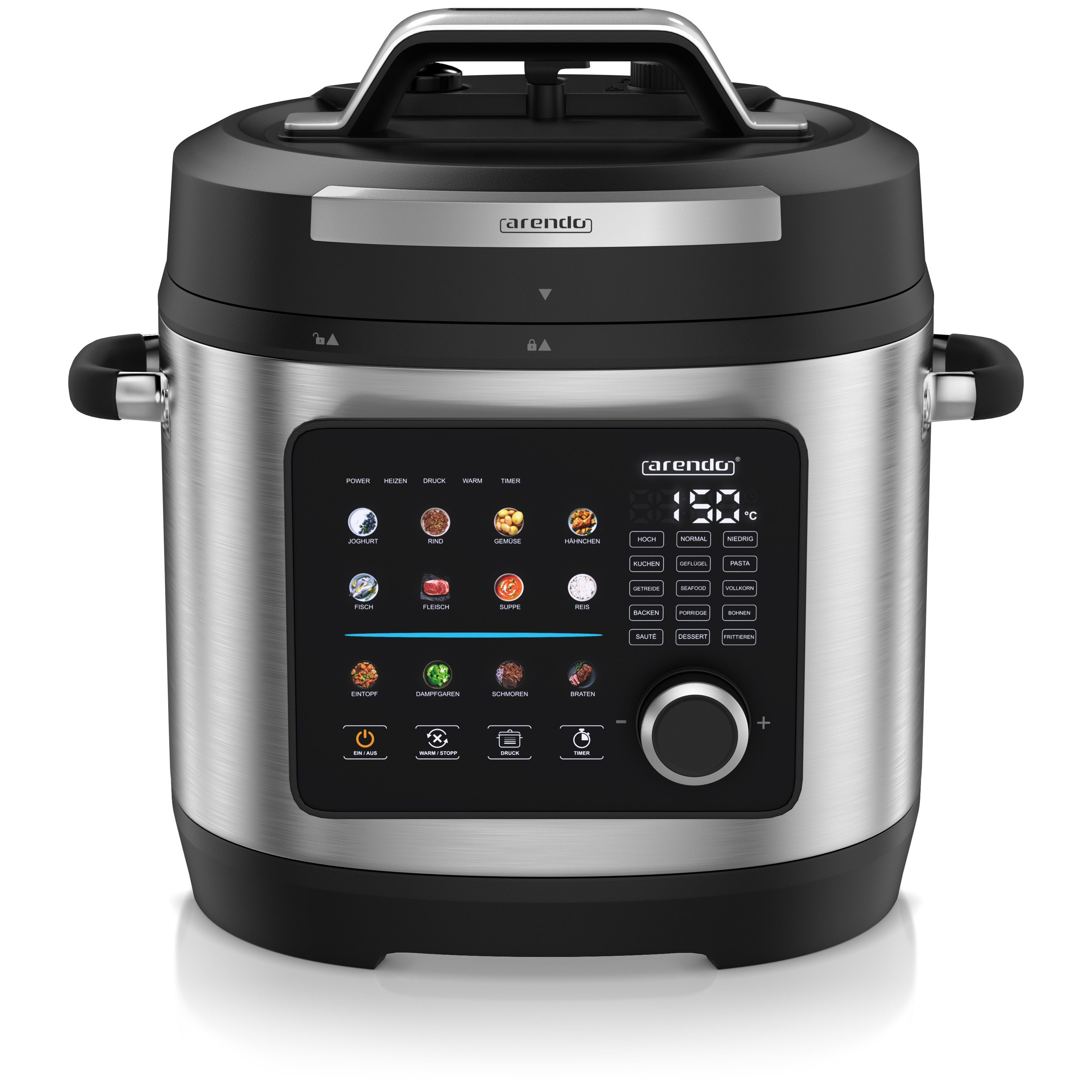 Arendo Multikocher Schnellkochtopf 6 Liter elektrisch, 24 Programme, Touch & Drehknopf, 1000 W, 6 l Schüssel, 3 Druckstufen, 24-Stunden-Timer, Warmhaltefunktion und Dämpfeinsatz