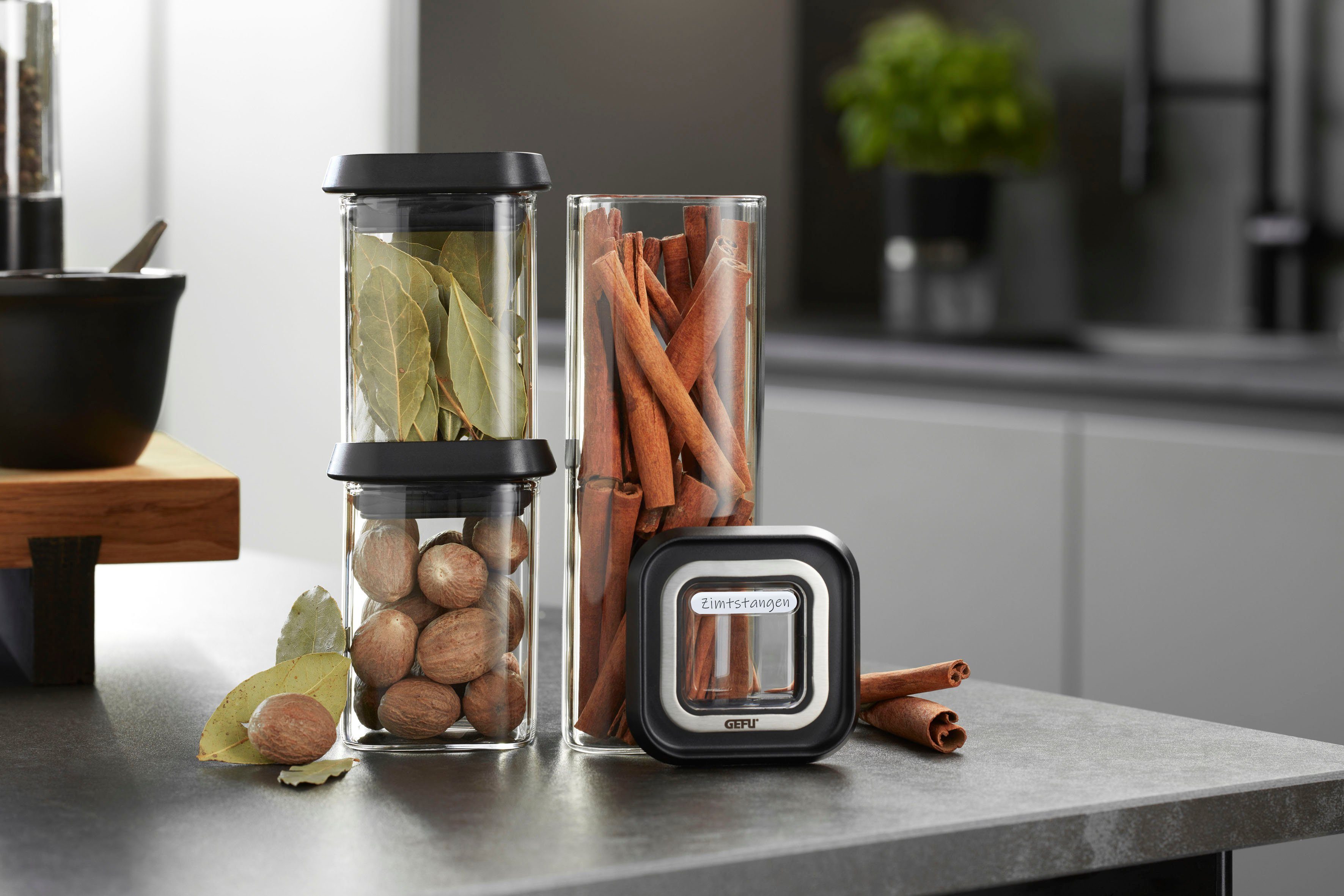 GEFU Vorratsdose PANTRY mini, Borosilikatglas, (Set, 3-tlg), ideal für Gewürze, Kräuter und Tee