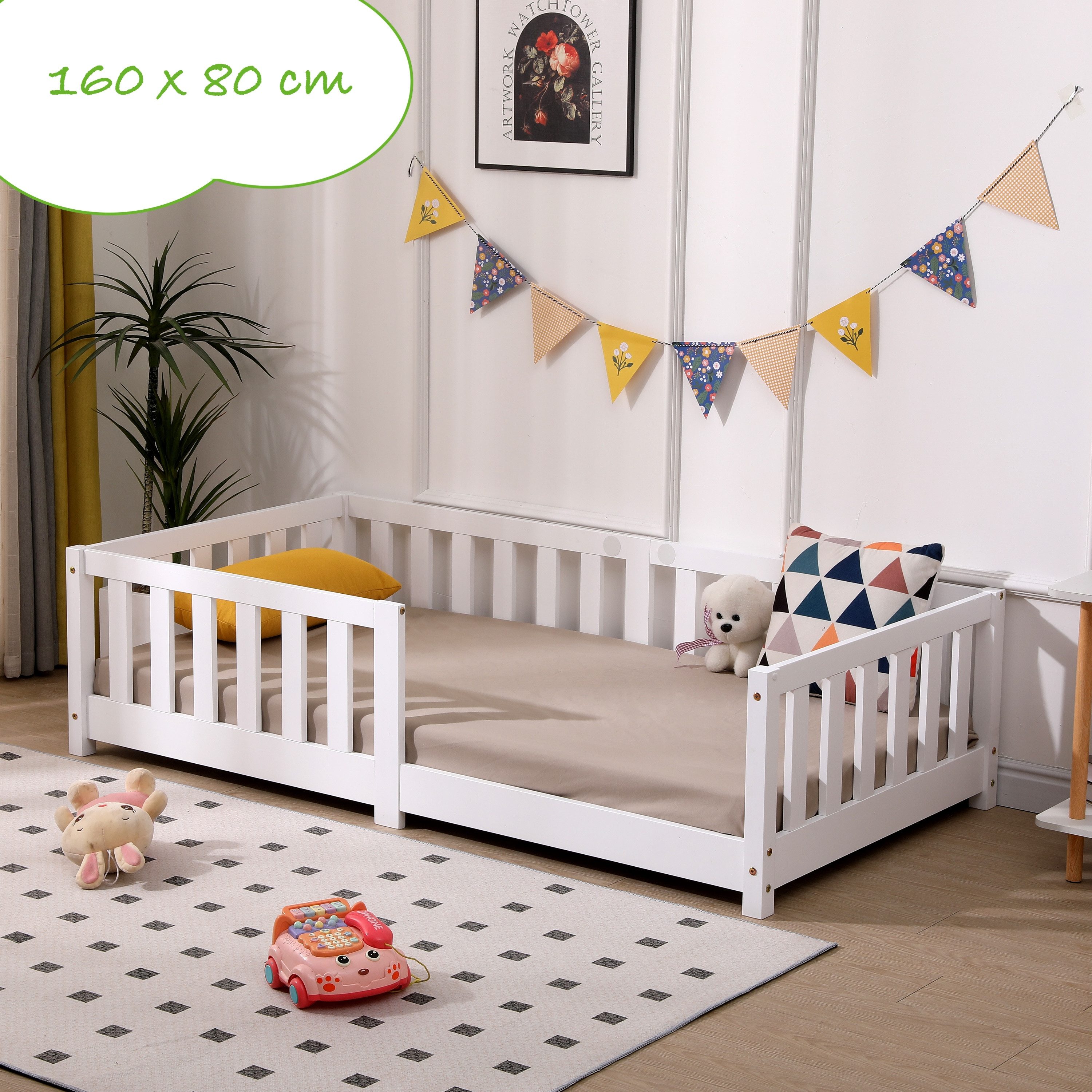 Kinderbett mit Rausfallschutz inkl. Lattenrost, 90x200 & 80x160, Weiß & Natur