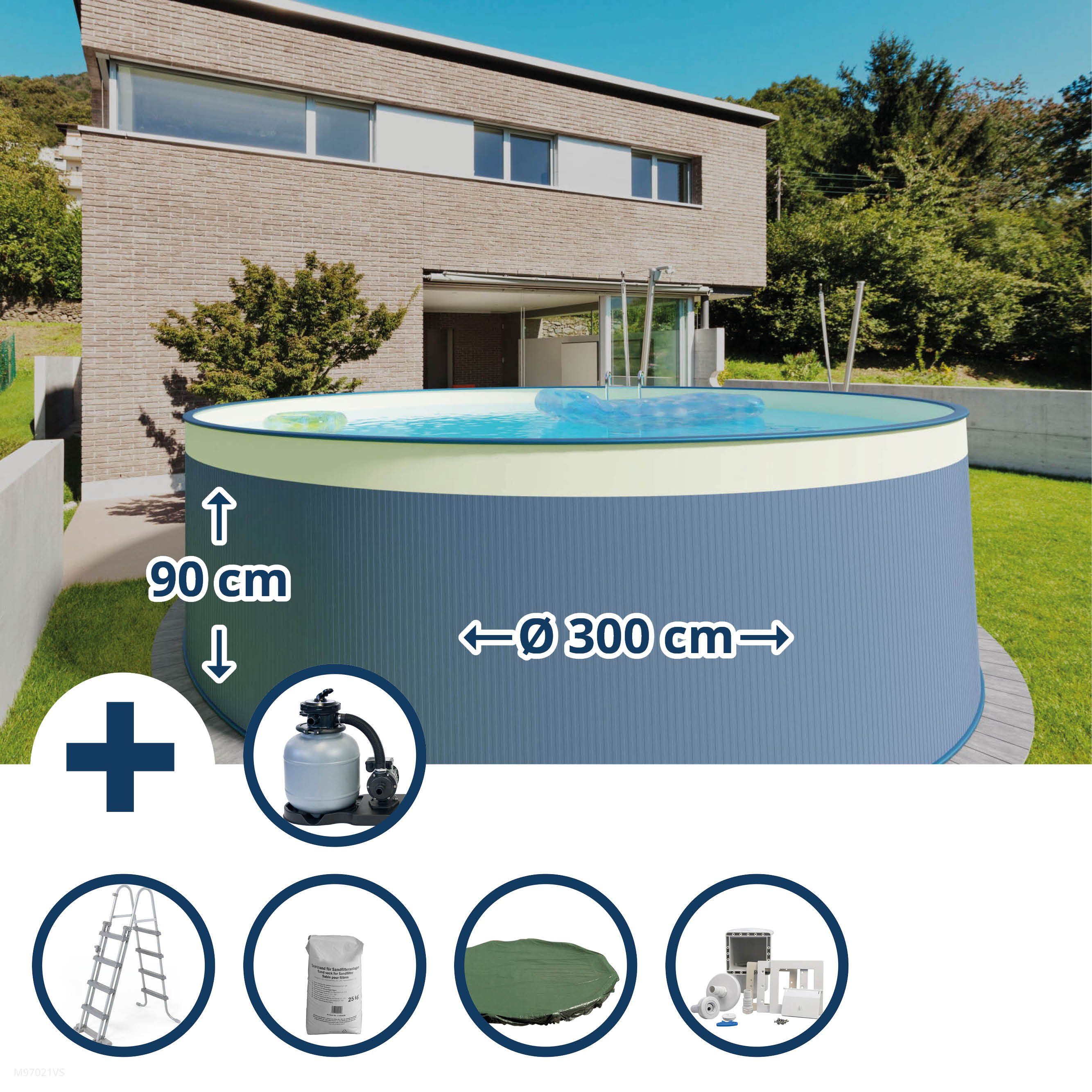 Waterman Rundpool Stahlwandpool Set (6-teilig) hoch rund 300 x 90 cm (Beckenset), verzinkte Stahlwand