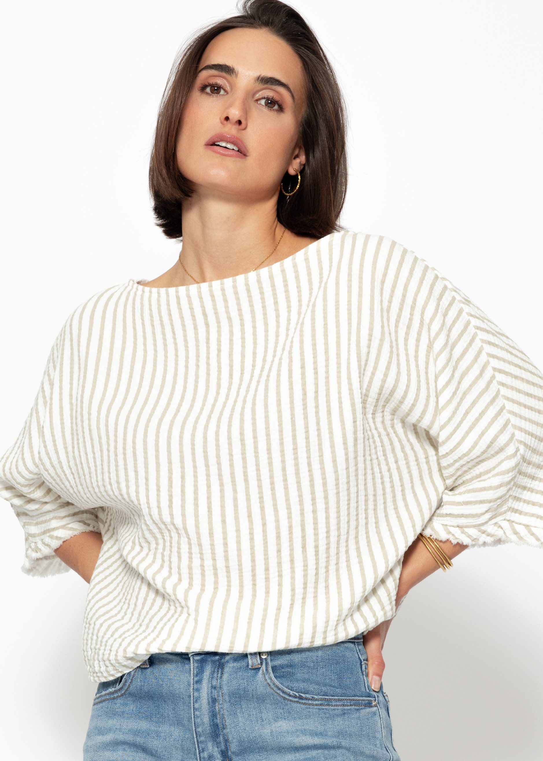 SASSYCLASSY Kurzarmbluse Oversizes Musselin Shirt kurzarm mit Streifen Kurz günstig online kaufen