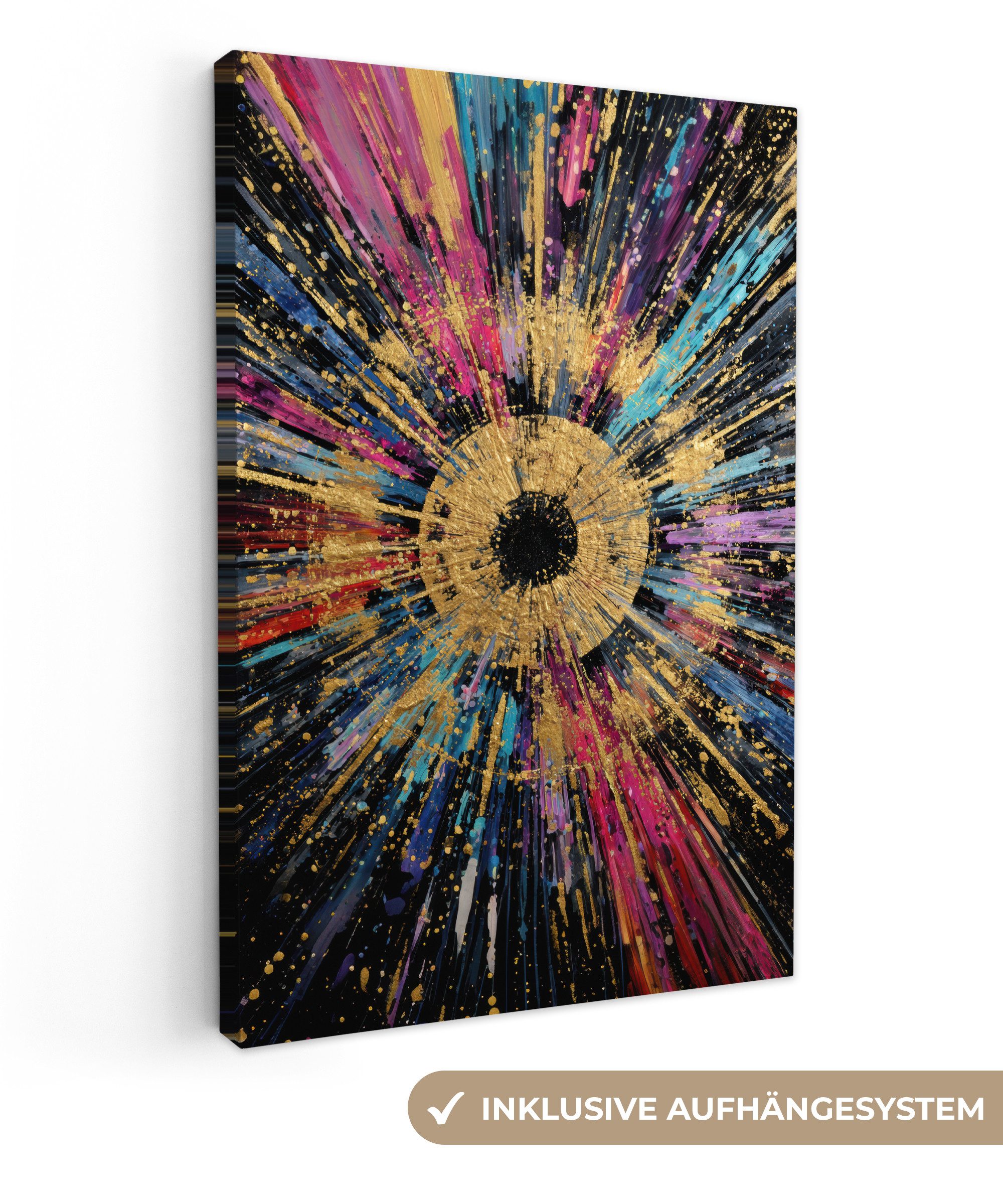 OneMillionCanvasses® Leinwandbild Explosion - Gold - Bunt - Abstrakt, Fotodruck (1 St), Bilder groß Wohnzimmer Schlafzimmer 80x120 cm