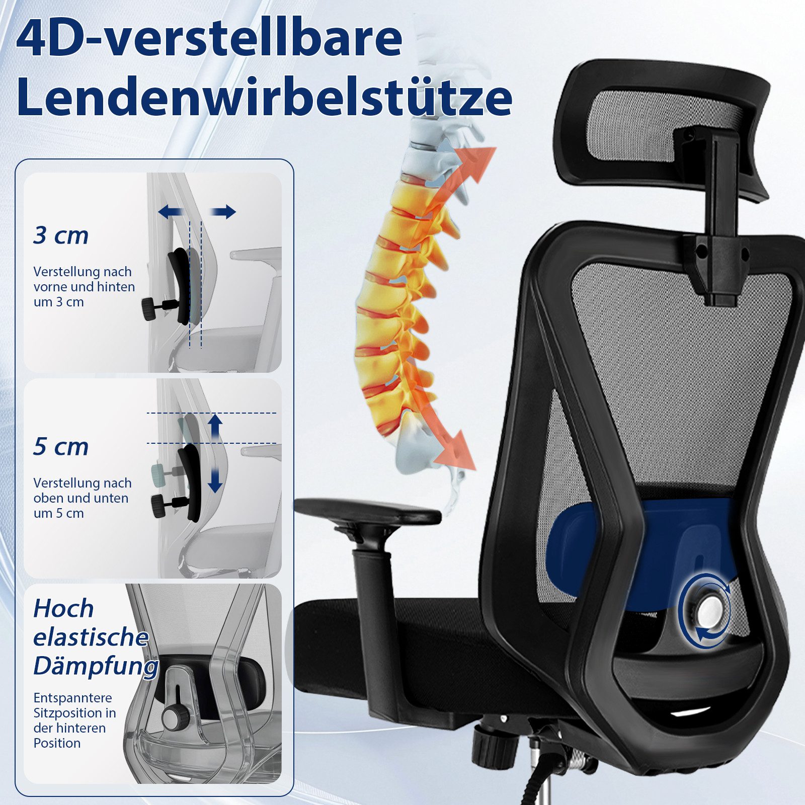 Durrafy Bürostuhl Bürostuhl 200kg Ergonomischer Bürostuhl-Verstellbare Lordosenstütze (4D-verstellbare Lendenstütze, Verstellbarer Kopfstütze & Armlehnen), 3-st – Bild 2 von 5