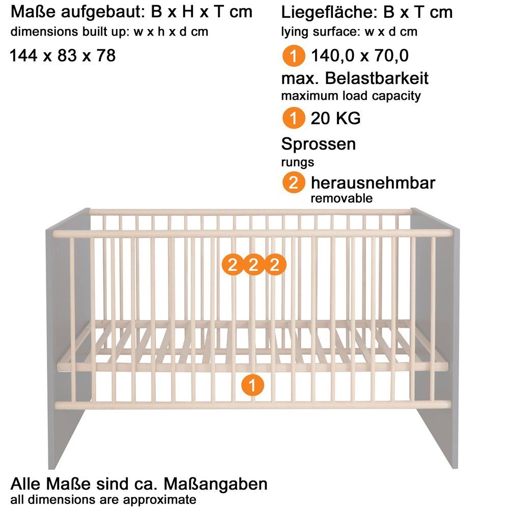 Lomadox Babyzimmer-Komplettset (2-tlg), mit Grau massiv Absetzungen MANISA-19, in Buche
