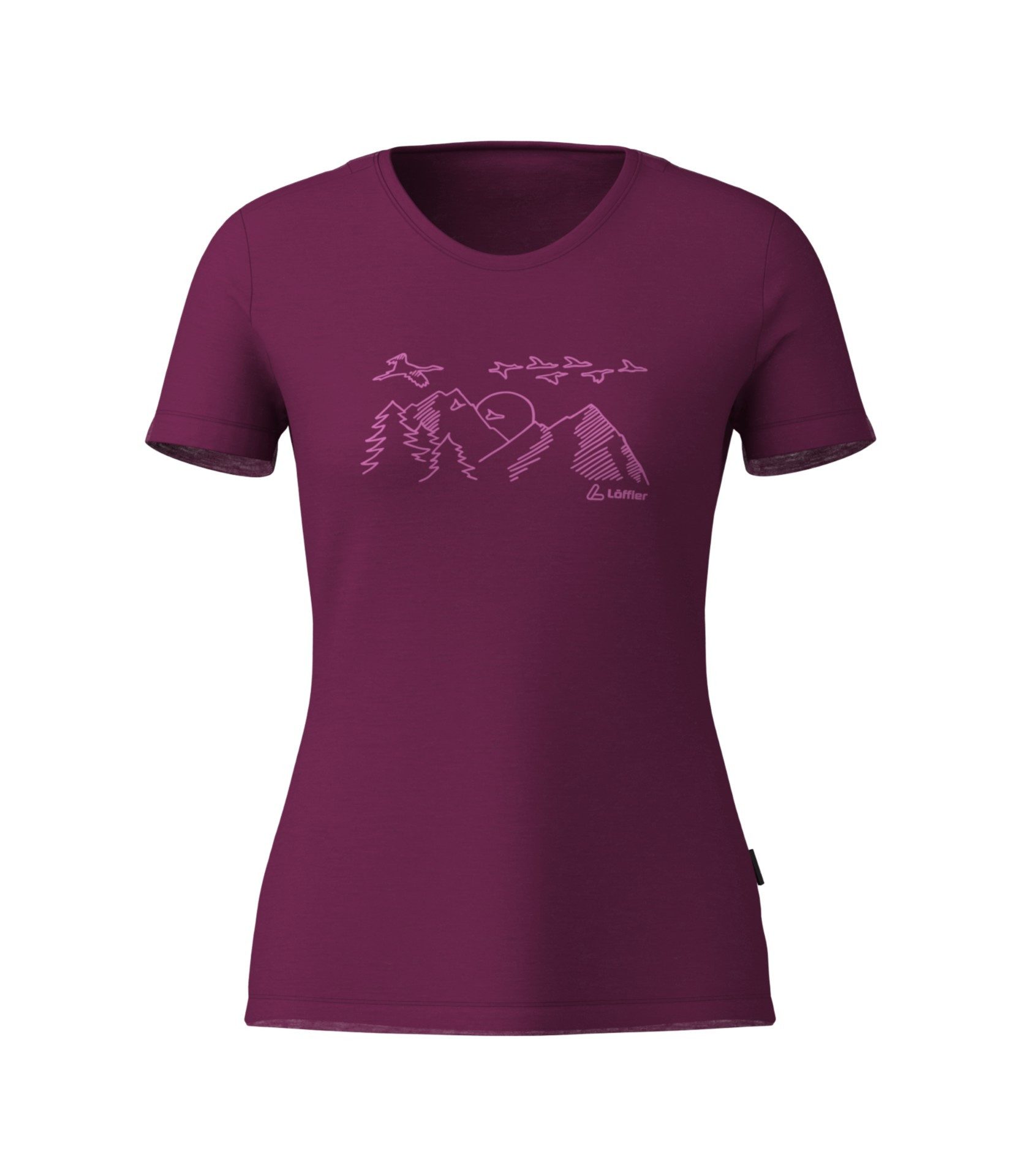 Löffler T-Shirt Wander-/Freizeit Printshirt Sunset Merino-Tencel bordeauxrot Damen