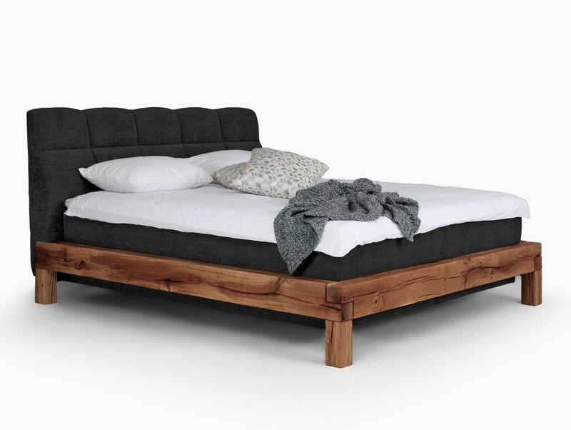 Moebel-Eins Boxspringbett, BAGIRO Balkenbett/Boxspringbett, Material Massivholz Eiche/Bezug Stoff Anthrazit