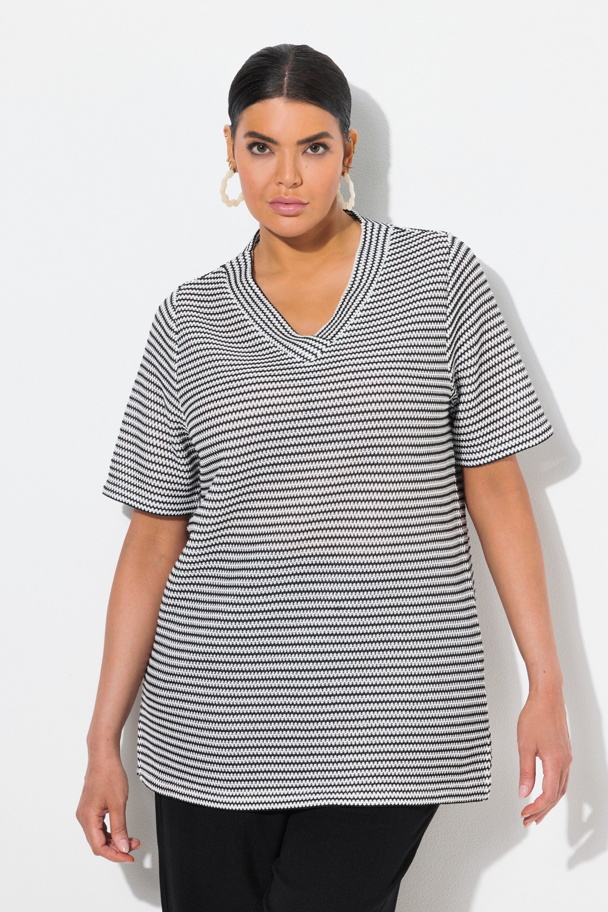 Ulla Popken Sweatshirt Sweatshirt Strukturstreifen V-Ausschnitt Halbarm günstig online kaufen