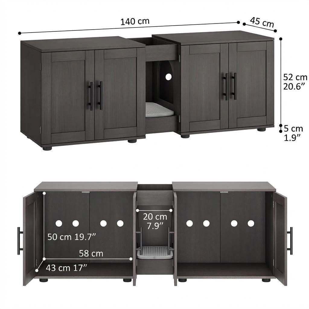 GarveeMore Katzentoilette Katzenklo Schrank Katzenhaus Katzenmöbel für 2 Katzen 140 x45 x57 cm