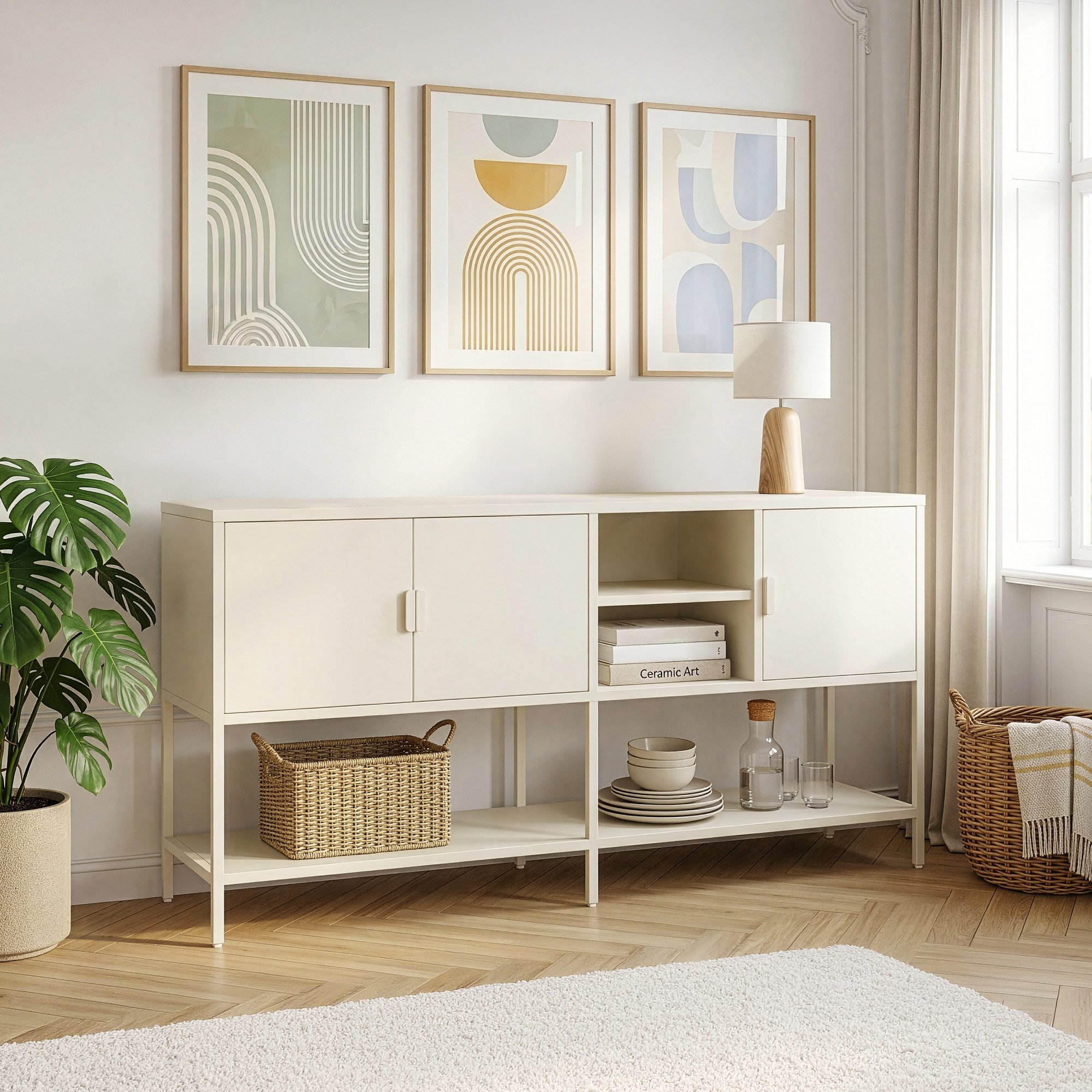 en.casa Sideboard, »Kliri« mit 3 Türen Stahl 160 x 40 x 80 cm Cremeweiß