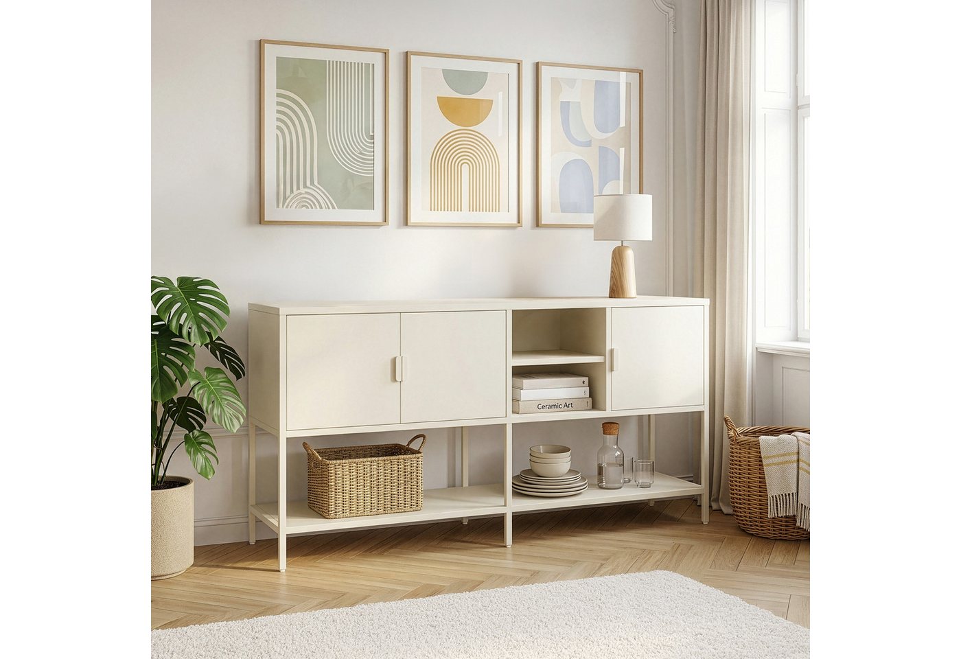 en.casa Sideboard, »Kliri« mit 3 Türen Stahl 160 x 40 x 80 cm Cremeweiß