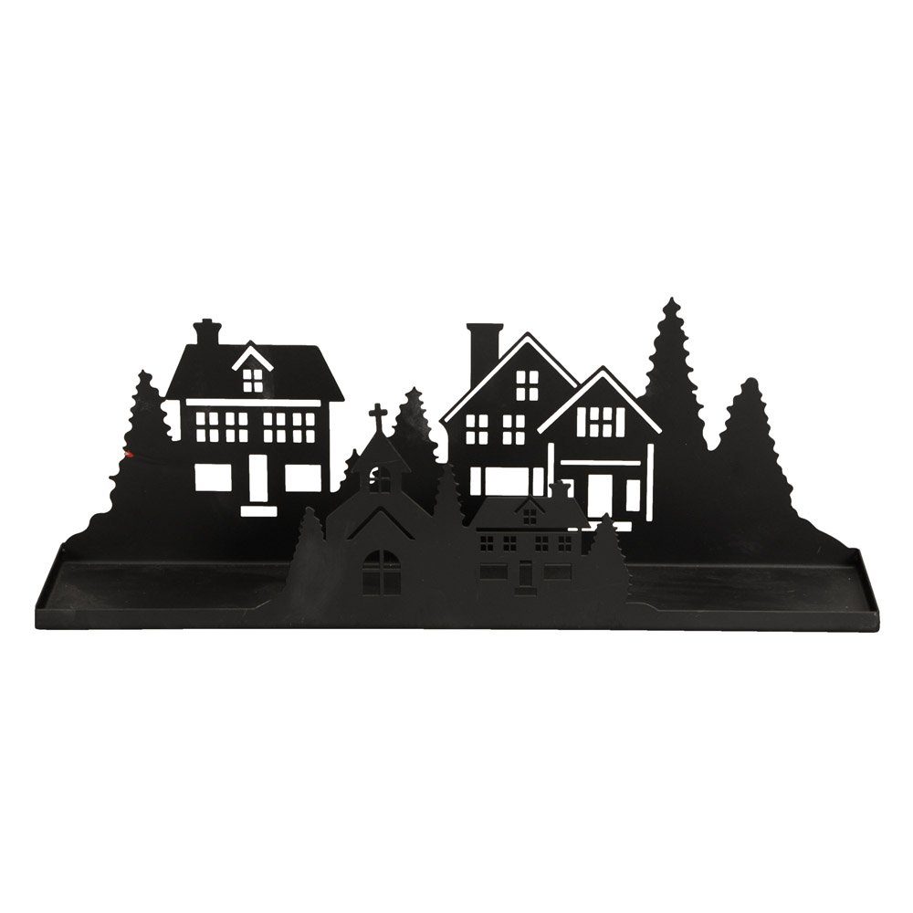 Posiwio Kerzenhalter Tablett BLACK TOWN schwarz aus Metall Kerzentablett mit Häusern Haussilhouette