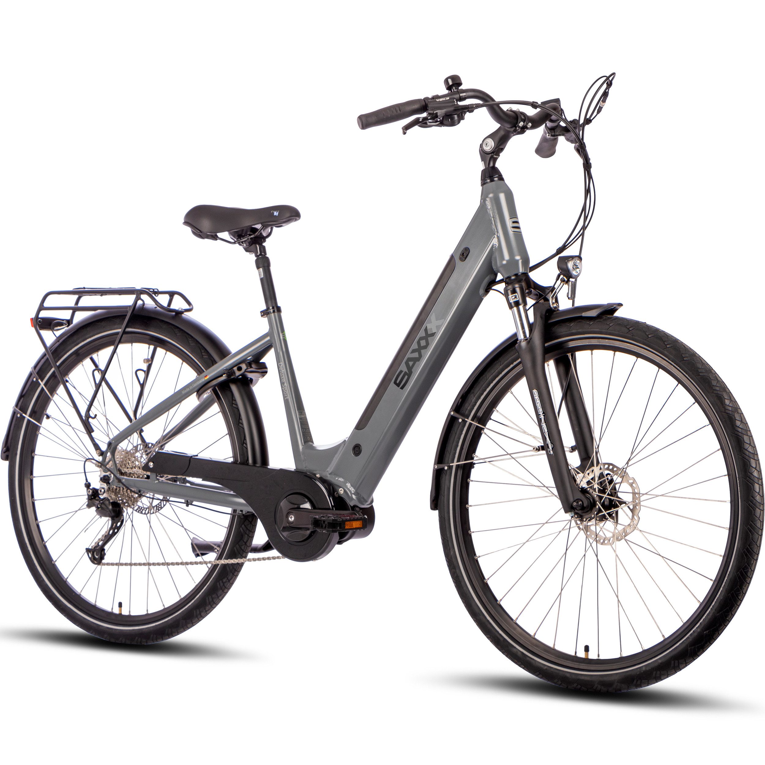 SAXXX E-Bike Trekkingrad Deluxe Sport Wave – 28" E-Bike, Mittelmotor, bis 100 km Reichweite, 9 Gang Shimano Alivio Schaltwerk, Kettenschaltung, Mittelmotor, 418 Wh, Für Damen & Herren – Federgabel, Gepäckträger, Scheibenbremsen