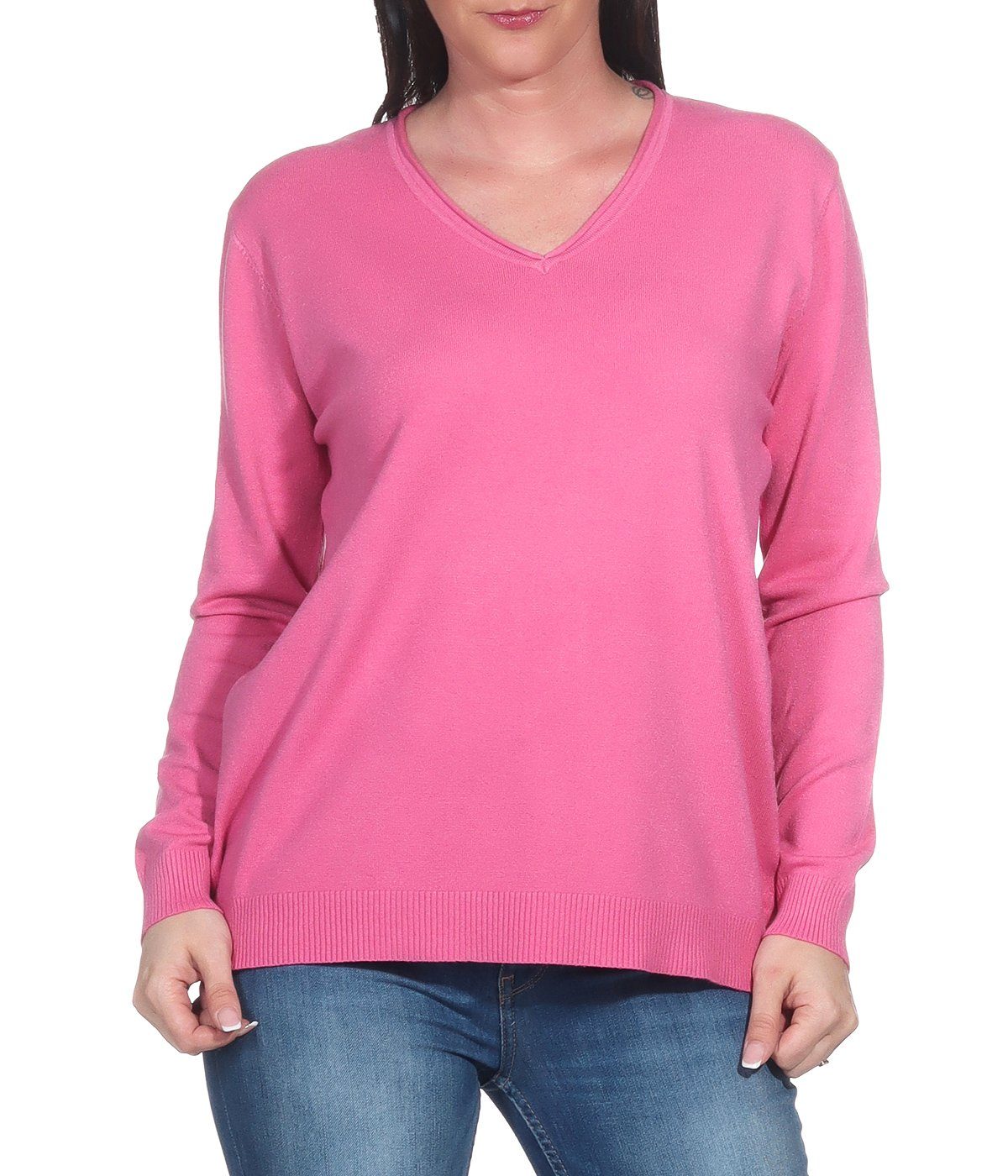 Aurela Damenmode V-Ausschnitt-Pullover Pullover für Damen Feinstrickpullover Basic Pulli (1-tlg) angenehmer Freizeitpullover oder Unterziehshirt für den Wintersport Pink