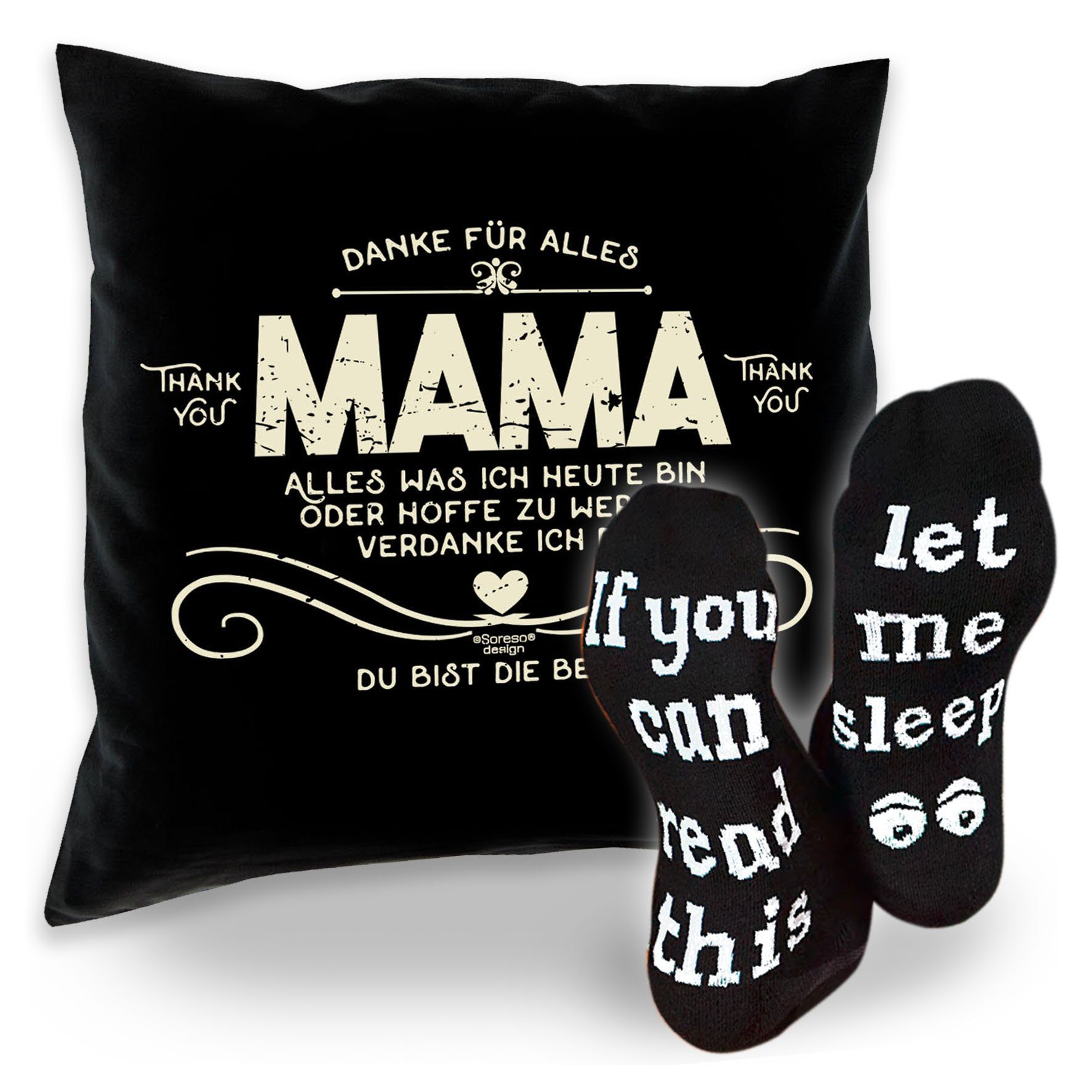 Soreso® Dekokissen Kissen Danke Mama & Sprüche Socken Sleep, Geschenke für Mütter Geschenkidee schwarz
