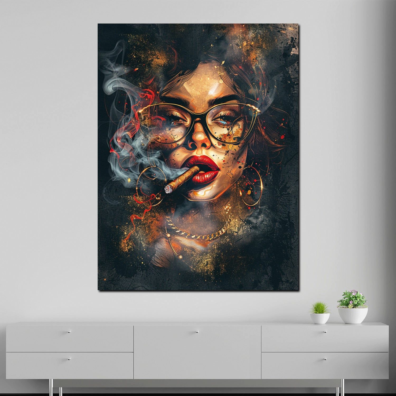 Artedinoi Leinwandbild Sinnliche Frau mit Brille Pop Art gold Leinwandbild Wandbild XXL, Sinnliche Frau, modern