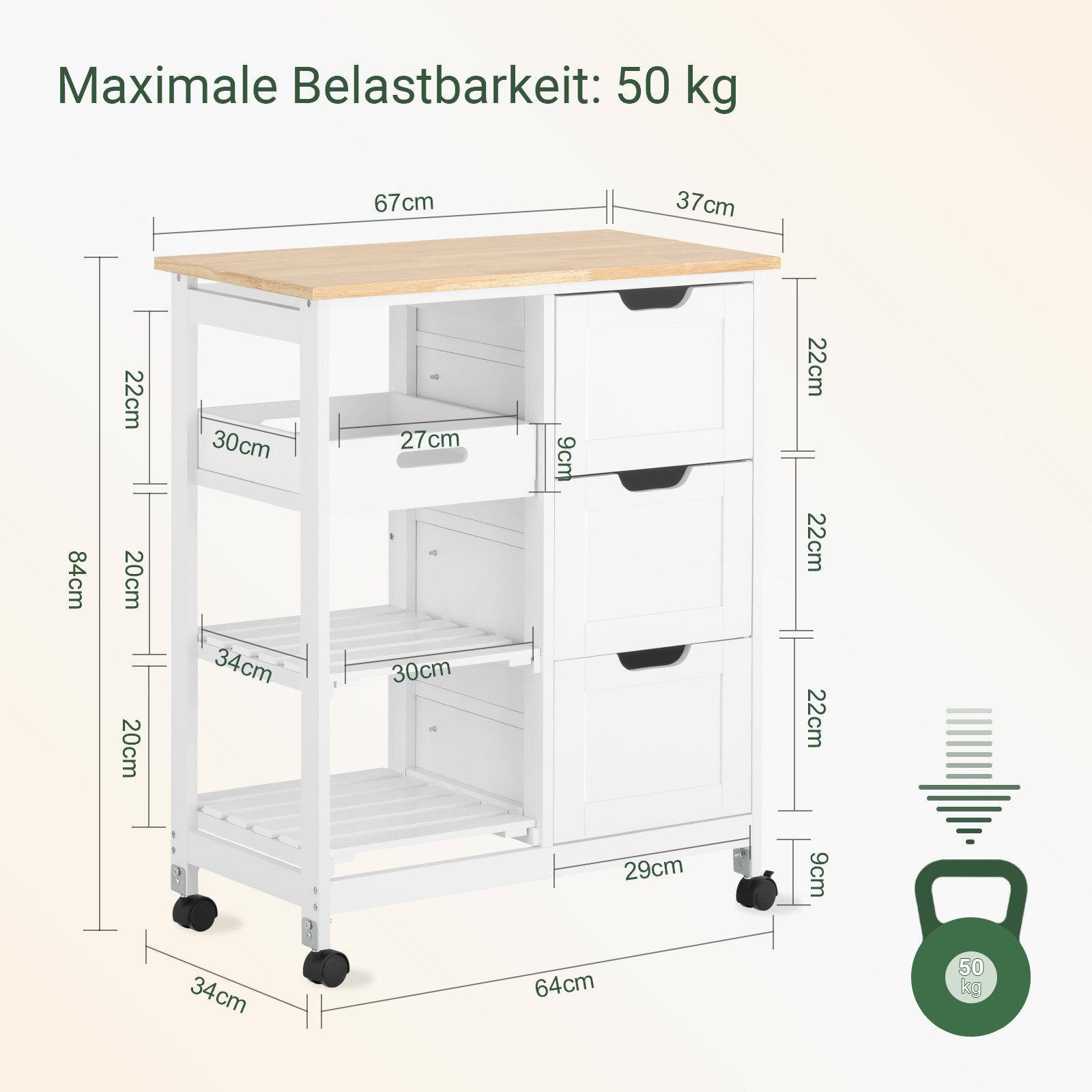 SoBuy Küchenwagen FKW79, Beistellwagen, Ordnungswagen, mit abnehmbarem Tablett, Servierwagen mit 2 abnehmbaren Ablagen Rollwagen, mit 1 Tablett, Küche – Bild 5 von 5