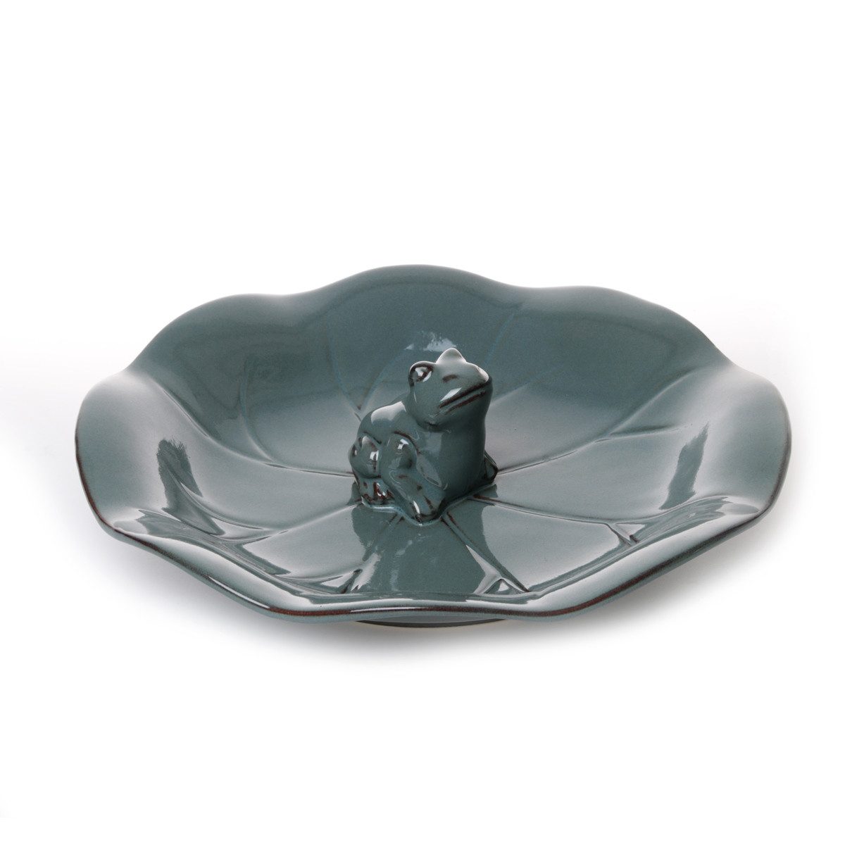 finehomegarden Vogeltränke Vogelbad aus Porzellan mit Frosch-Figur – petrol – Ø 31 cm H8 cm –, nicht frostfest & dekorativ Vogeltränke aus Porzellan Garten