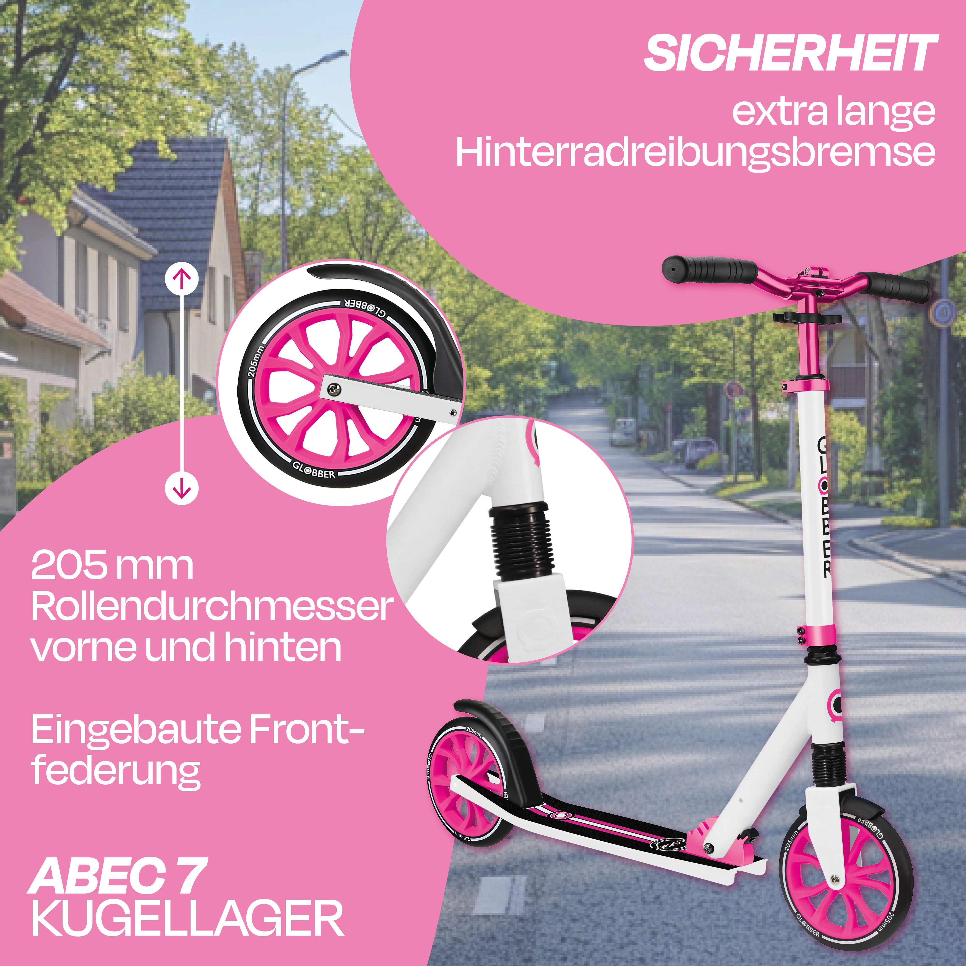 Globber Tretroller NL 205 Scooter - Für Kinder, Teens & Erwachsene, ABEC 7, Federung, Frontfederung PU-Rollen 205 mm Alu-Deck, Antirutsch