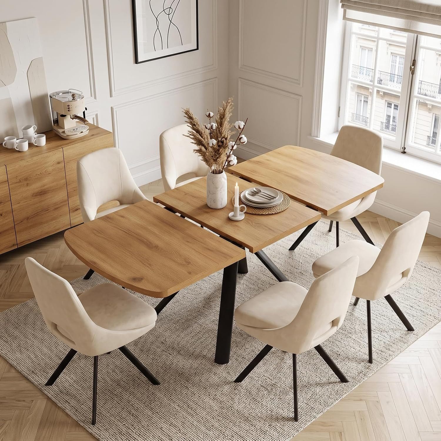 Jiexi Essgruppe Ausziehbare Essgruppe, Holzoptik mit [Esstisch + 6 Begie Stühle] – Bild 5 von 5