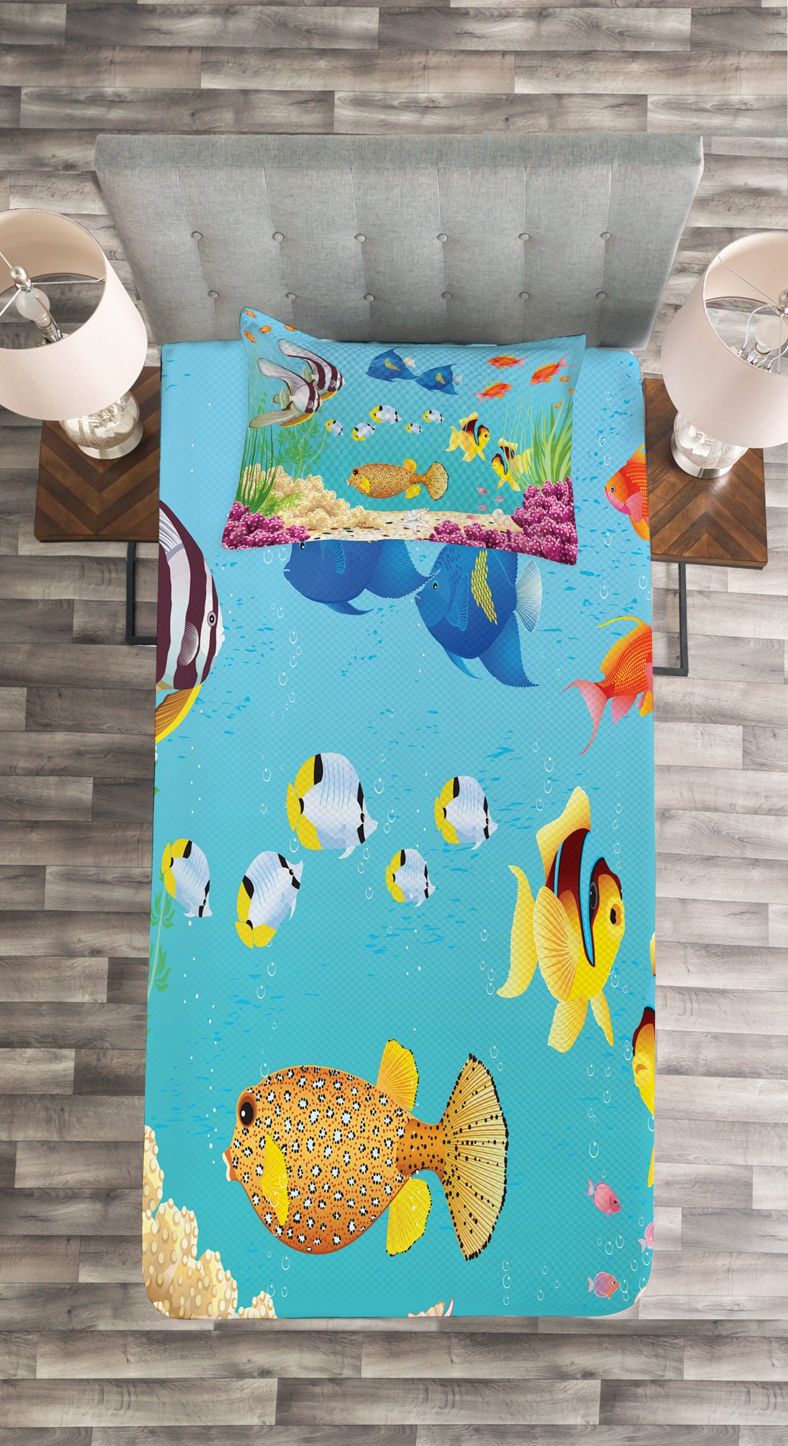 Set Tagesdecke Abakuhaus, mit Unterwasser-Thema Cartoon Fisch Waschbar, Kissenbezügen